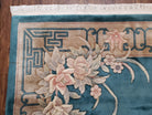 Chinese Carving Rug, 8x10 Rugs, Teal and Beige Chinese Carpet, Chinese 90 Line Rug, Vintage Chinese Art Deco Wool Rug, Handmade Rug, Floral - Jewel Rugs