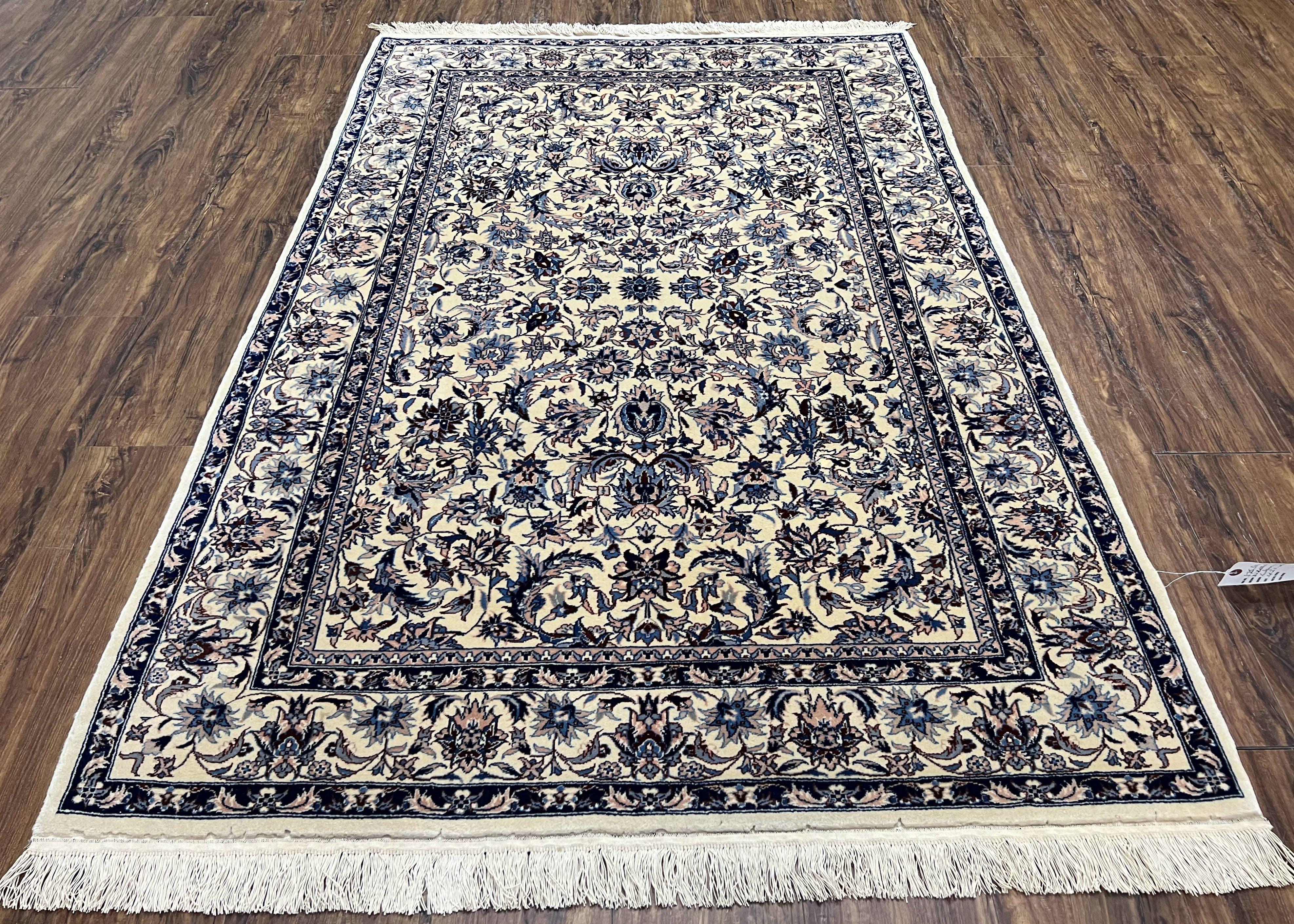 Sino Persian Rug 4x6, Cream/Ivory and Navy Blue, Floral Allover, Traditional Wool Area Rug, Fine Oriental Carpet, Vintage 4 x 6 Rug Handmade - Jewel Rugs