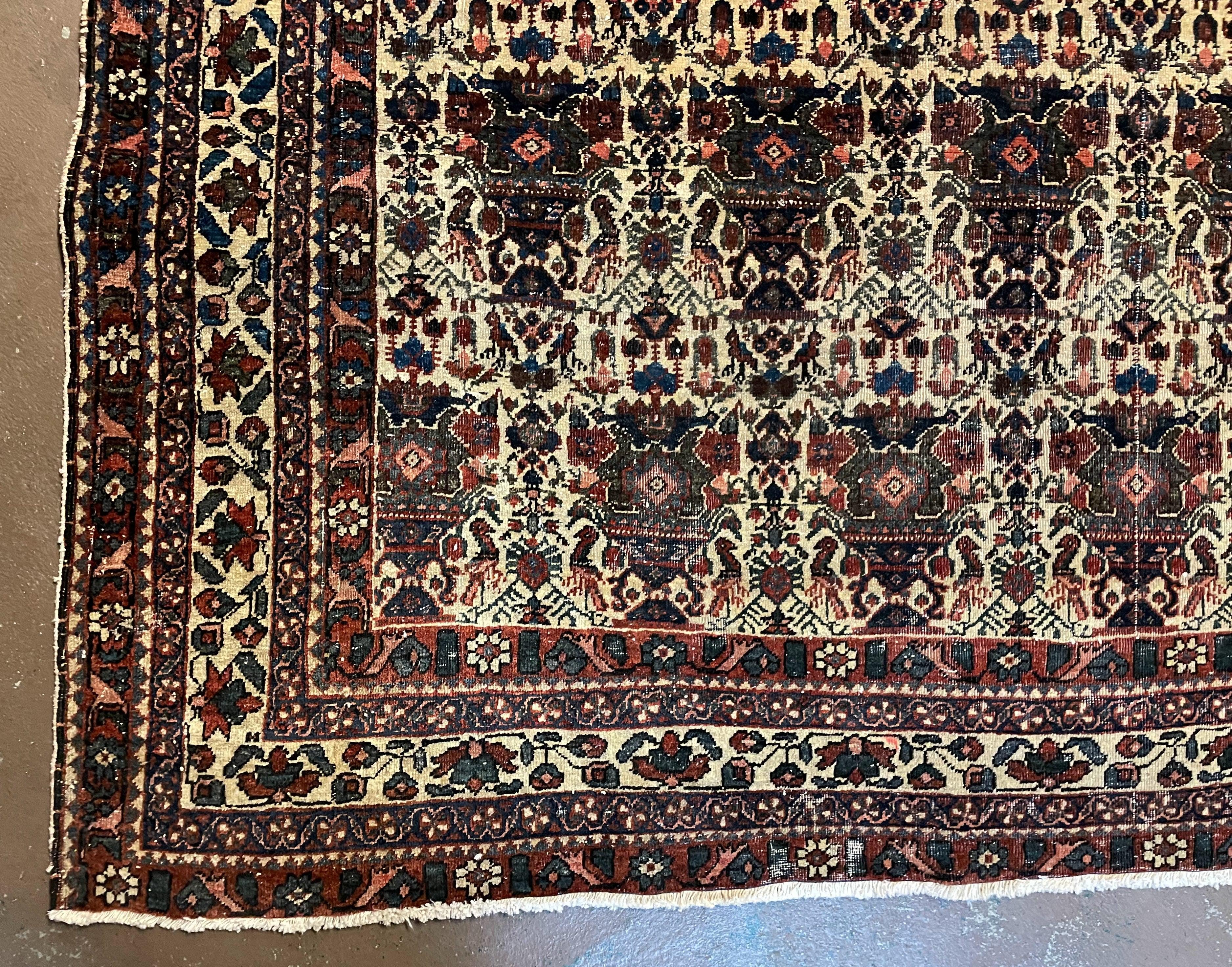 Antique Persian Afshar Rug 5x7, Wool Hand Knotted Oriental Carpet 5 x 7 ft, Repeated Motif Allover, Cream and Maroon, Tribal Rug, Medium Sized Rug, Zil-i-Sultan Design - Jewel Rugs