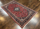 Persian Kashan Rug 4.9 x 8.5, Red and Navy Blue Semi Antique Vintage Wool Oriental Carpet, Hand Knotted Rug, Floral Medallion, High Quality Rug - Jewel Rugs