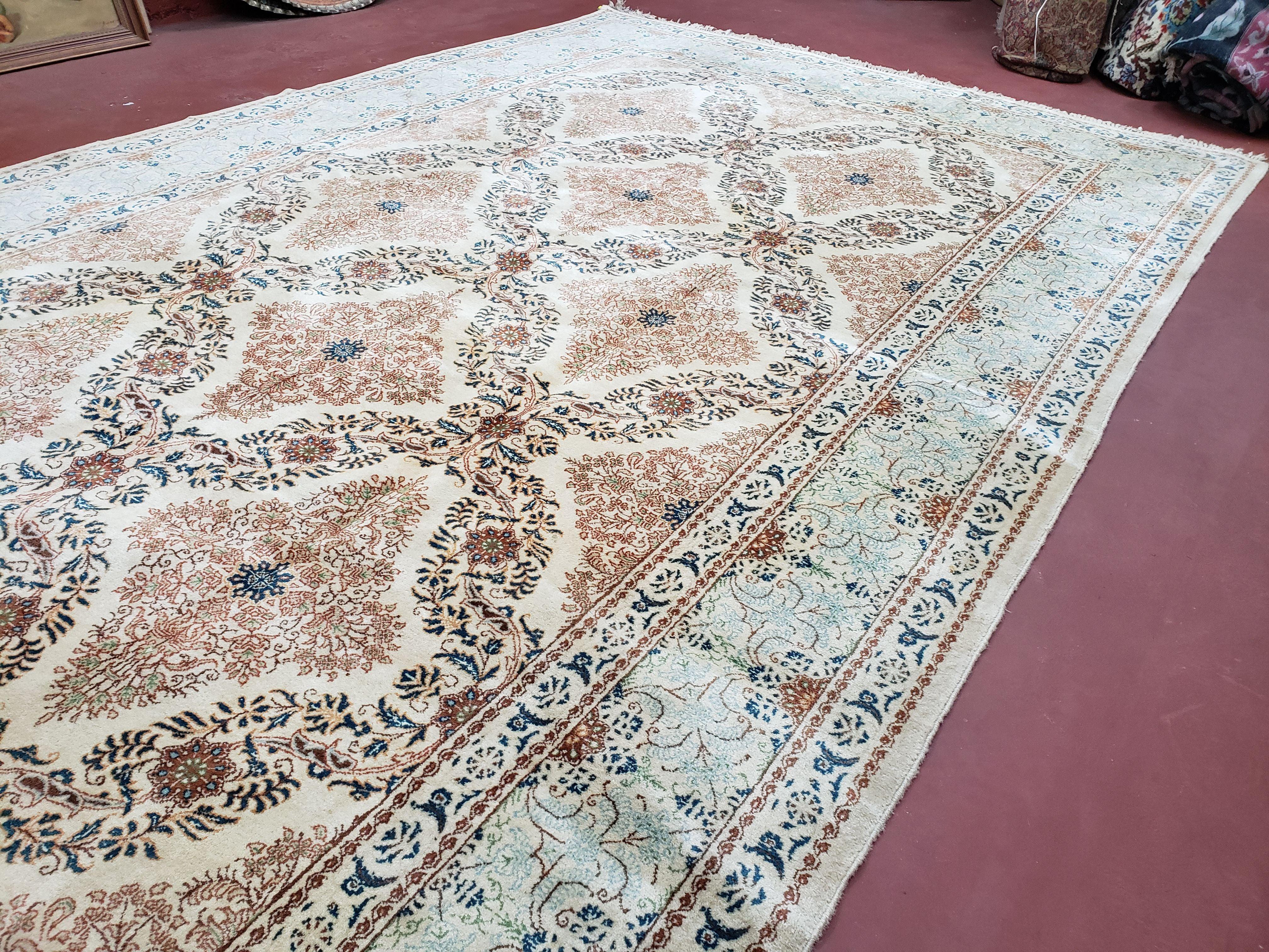 Fine Antique Persian Light Colored Kashan Carpet, 7x12, Top Quality, Rare, Ivory & Blues, Hand-Knotted, Wool - Jewel Rugs