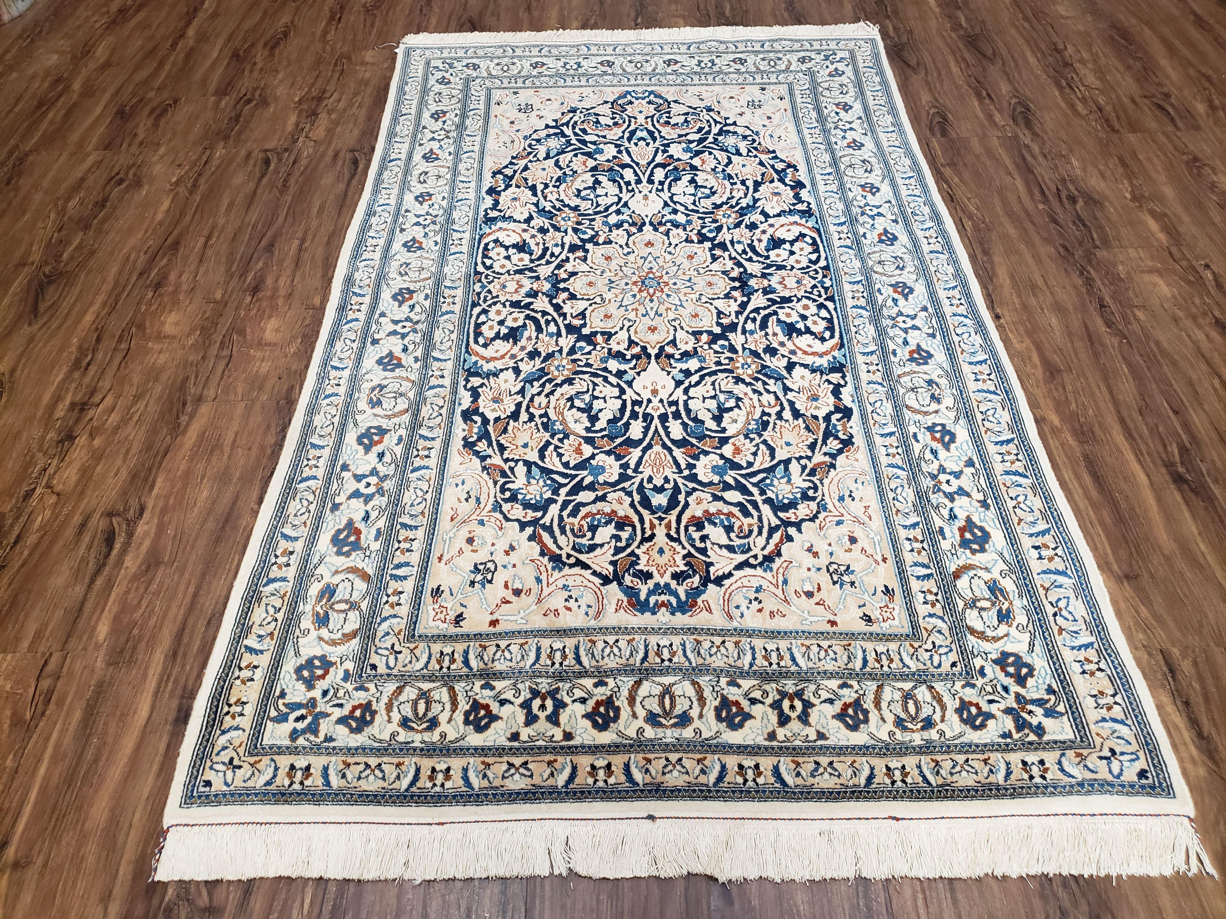 Semi Antique Fine Persian Nain Rug, Ivory & Blue, Wool with Silk Accents, 3'9" x 6'2" - Jewel Rugs