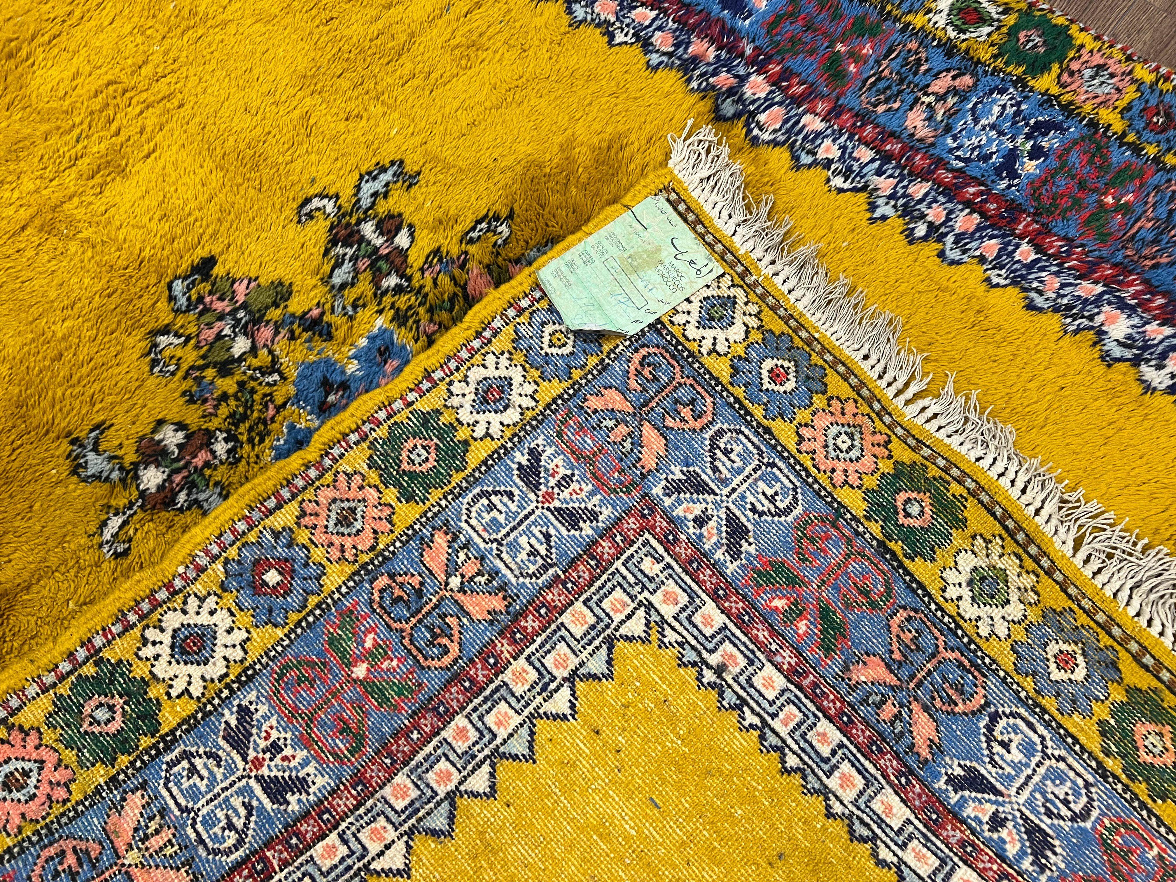 Bright Moroccan Rug 5x6, Rabat Rug 5 x 6, Mustard Yellow and Blue, Open Field and Medallion, Soft Wool Oriental Carpet, Handmade Vintage Rug - Jewel Rugs