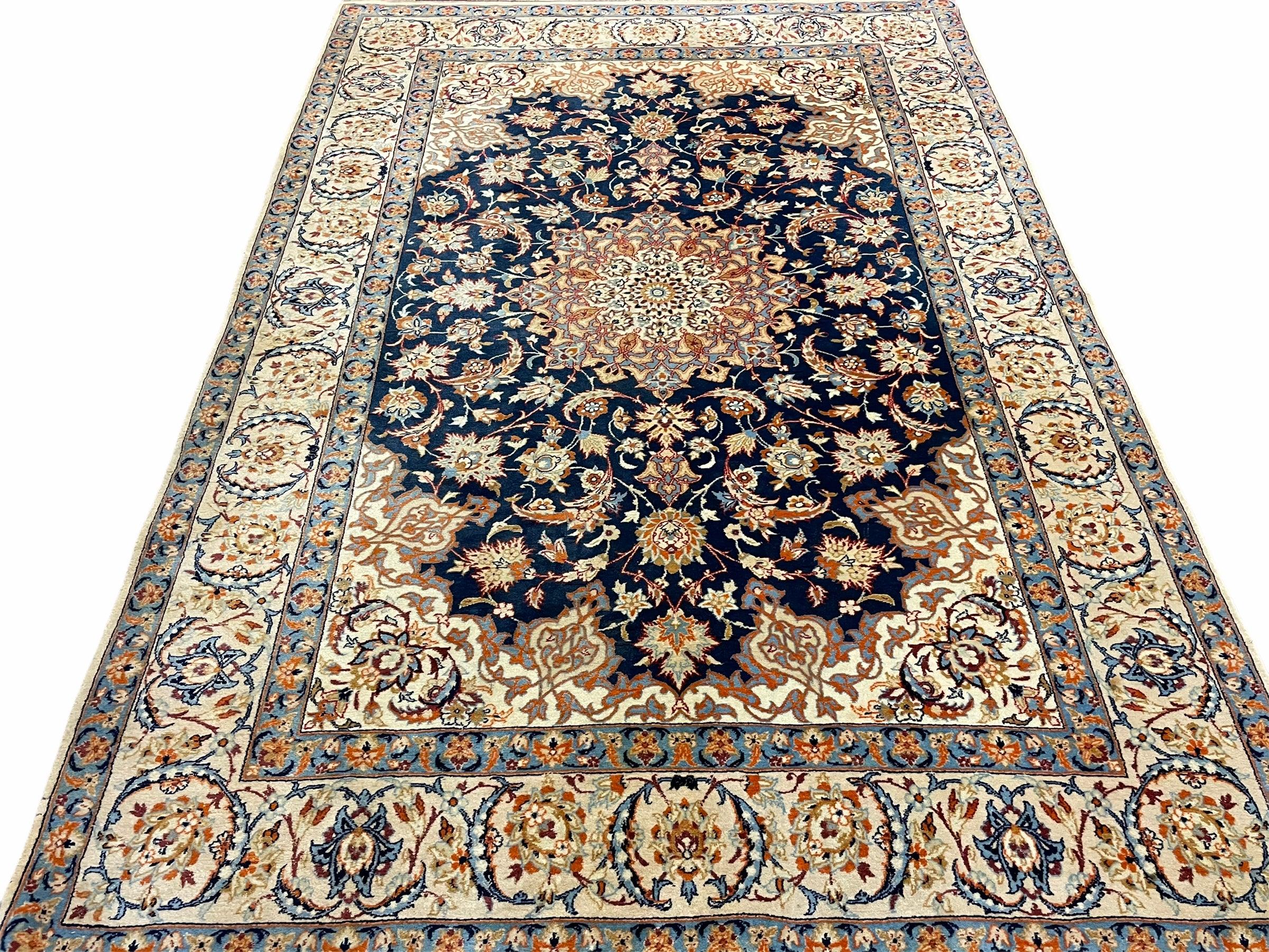 Persian Isfahan Rug 4x5, Navy Blue & Ivory, Wool and Silk Highlights - Jewel Rugs