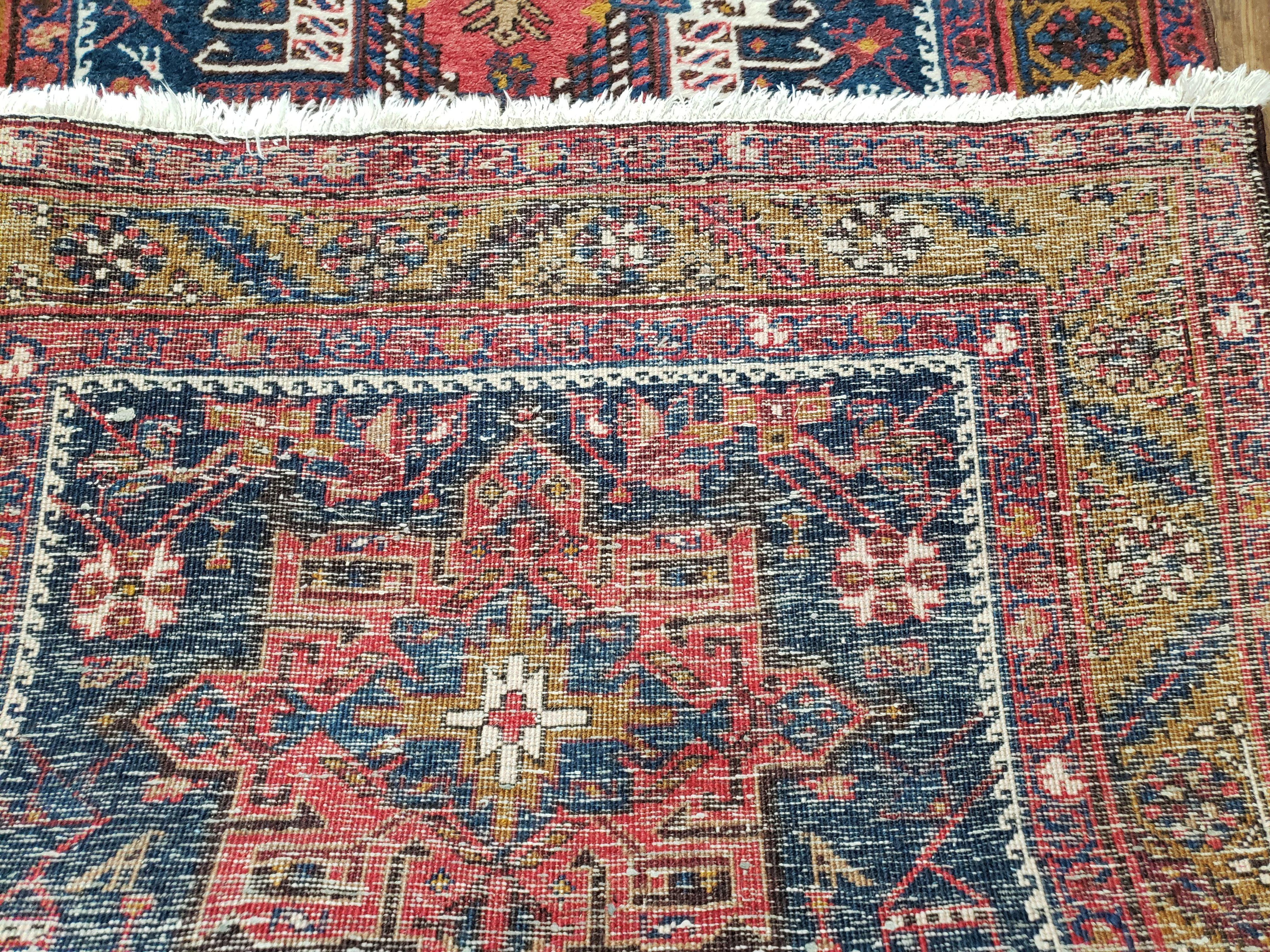 Antique Persian Karajeh Long Runner Rug, Dark Blue & Dark Orange, Hand-Knotted, Wool, 3'2" x 14'6" - Jewel Rugs