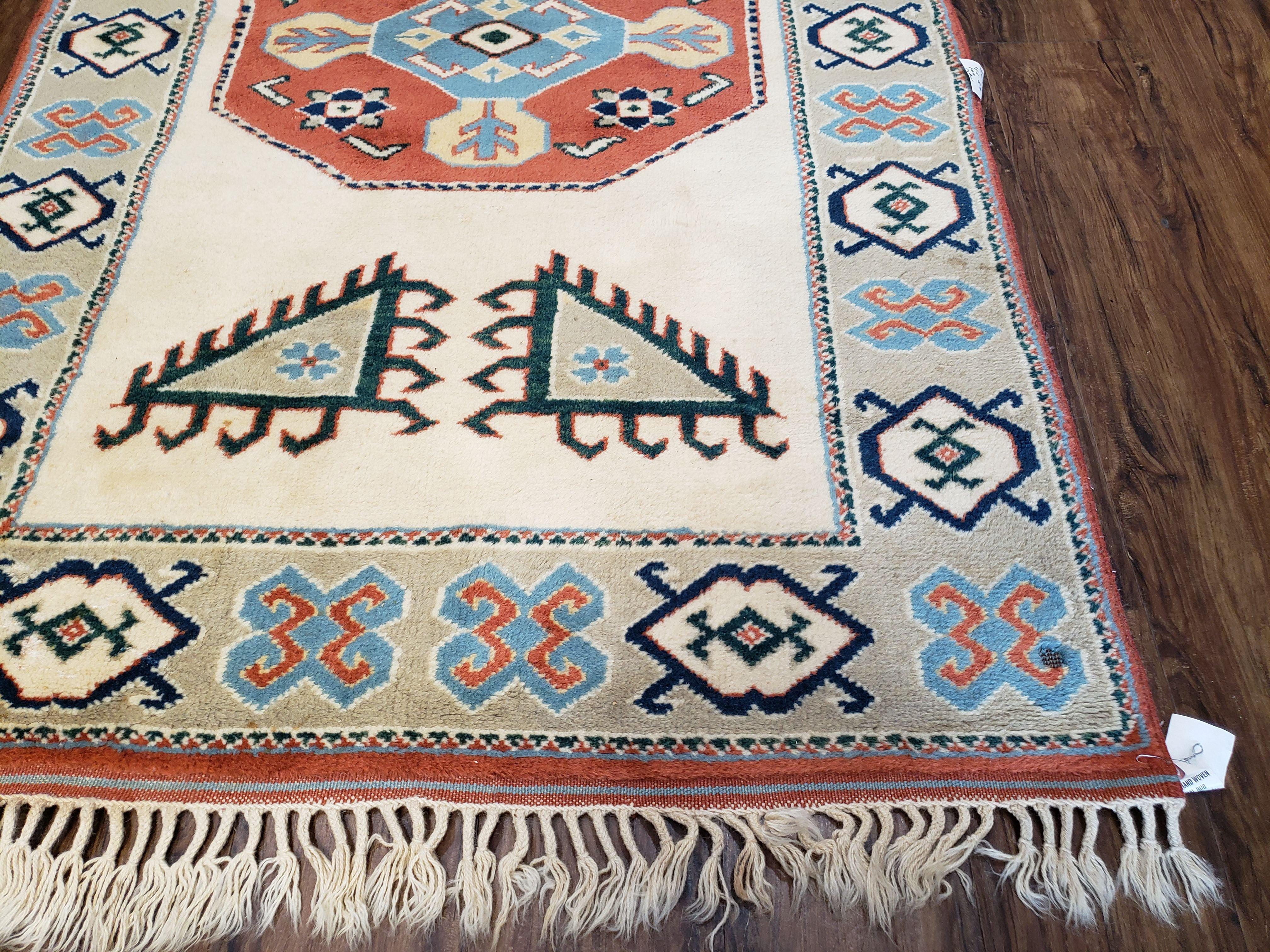 Vintage Turkish Rug 4x6, Beige Red Gray Carpet, Caucasian Design, Tribal Rug, Hand-Knotted, Boho Rug, Bohemian Home Decor - Jewel Rugs