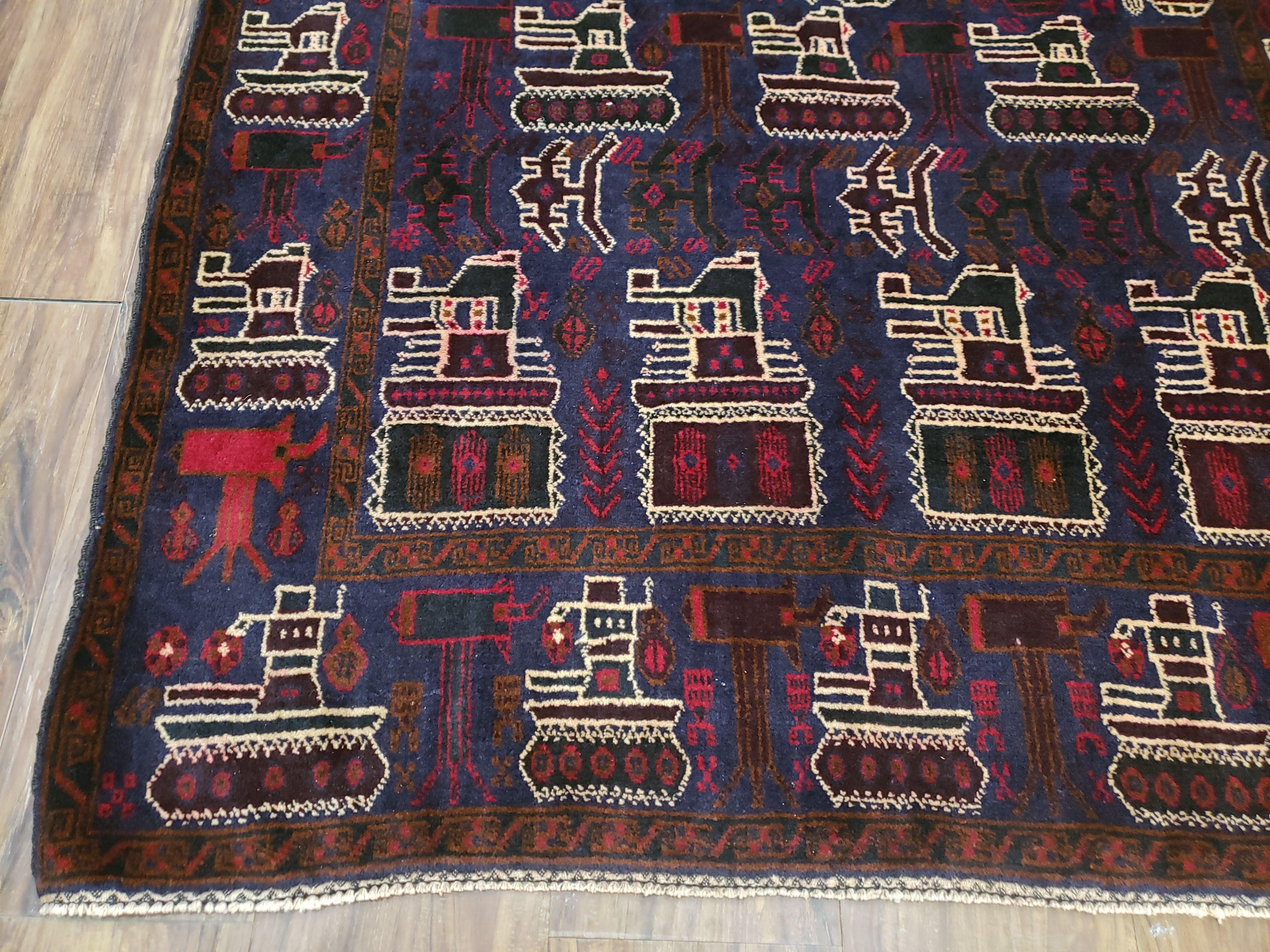 4x6 Handmade Balouch War Afghan Tribal Rug Organic Dyes Helicopter Tank Airplane - Jewel Rugs