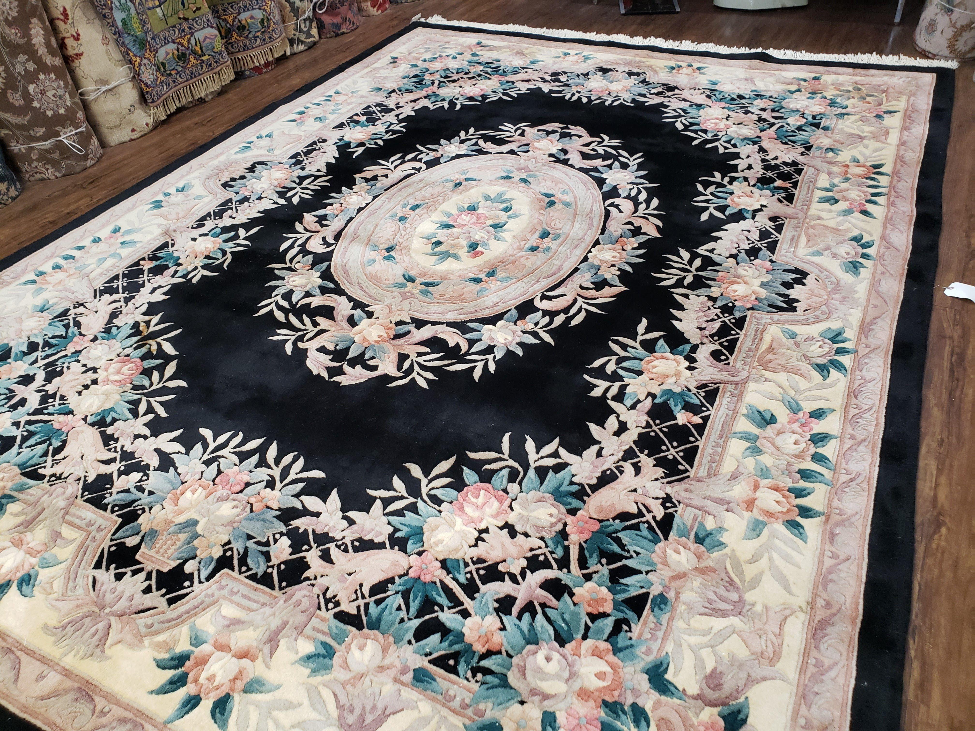 Vintage Chinese Carving Rug, Piled Aubusson Style Area Rug, 8x11 - 9x12 Area Rugs, Wool Hand-Knotted Black Deco Carpet Plush Living Room Rug - Jewel Rugs