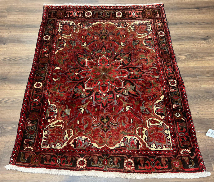 Antique Persian Rug 3x5, Geometric Heriz Carpet, Wool Hand Knotted Tribal Oriental Rug, Red Black Cream, Small Persian Rug 3 x 5 ft Handmade - Jewel Rugs