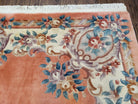 Vintage Chinese Aubusson Area Rug, Light Salmon Beige & Blue, Flowers, Plush Pile, Hand-Knotted, Chinese Art Deco Carpet, 8'3" x 11' 4" - Jewel Rugs