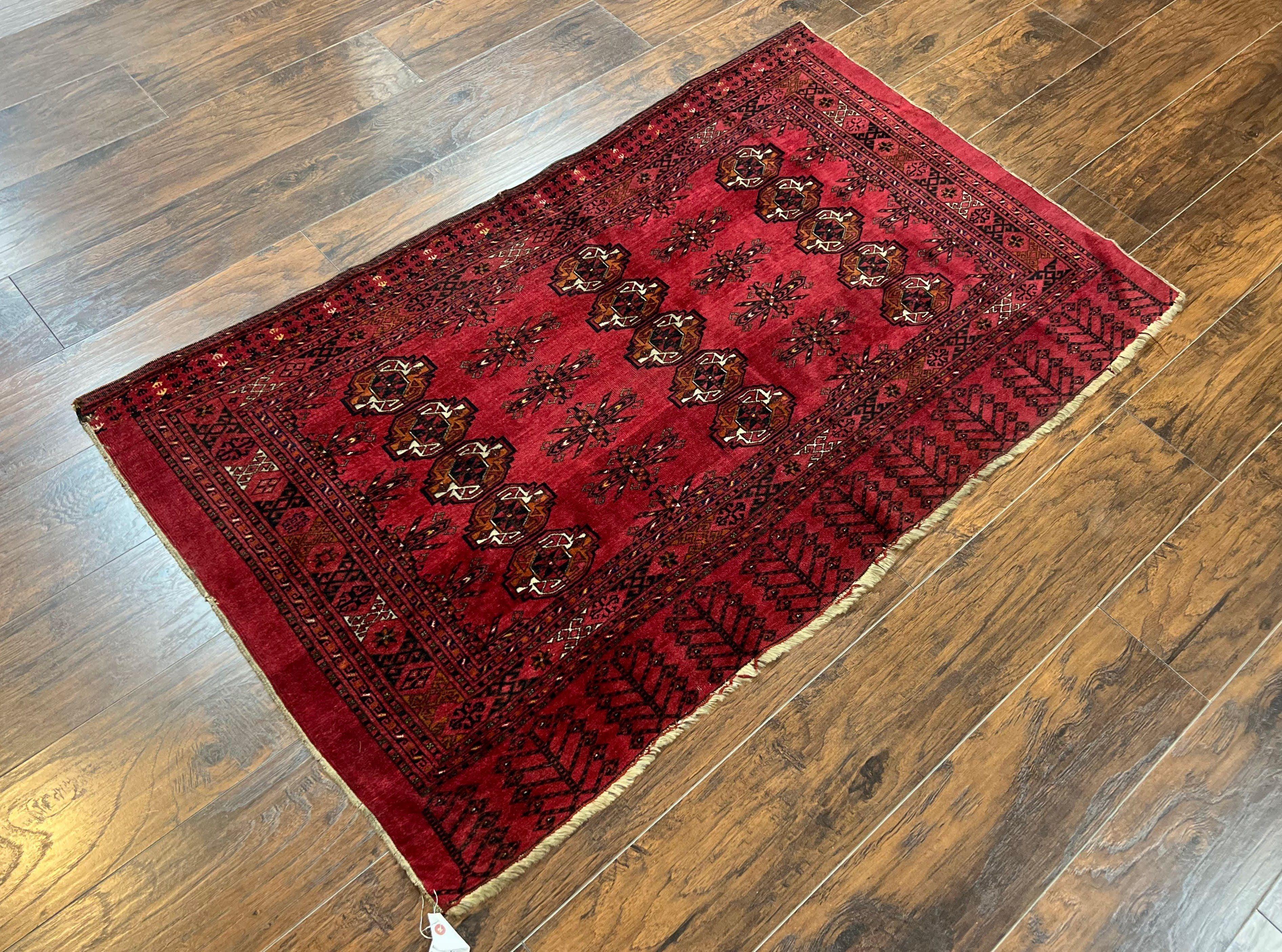 Antique Persian Turkoman Salor Rug 3x5, Tribal Wool Carpet, Collectible, Red Black, 1920s Oriental Rug, Hand-Knotted Handmade Fine 3 x 5 ft - Jewel Rugs