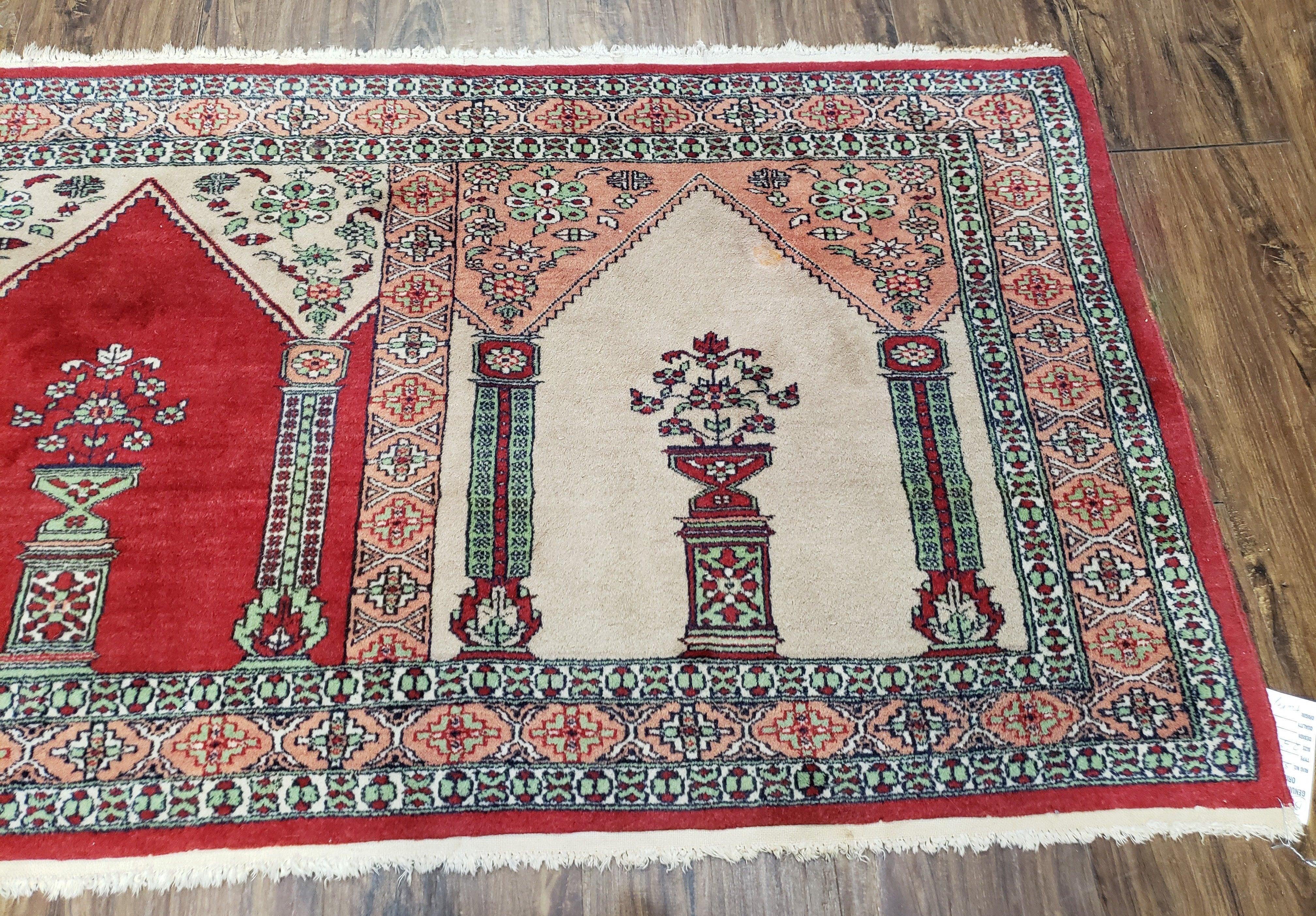 Vintage Turkish Triple Mehrab Area Rug 2.7 x 6.6, Wool Hand-Knotted Horizontal Carpet, Fine Weave, Red Peach Ivory, Nice - Jewel Rugs