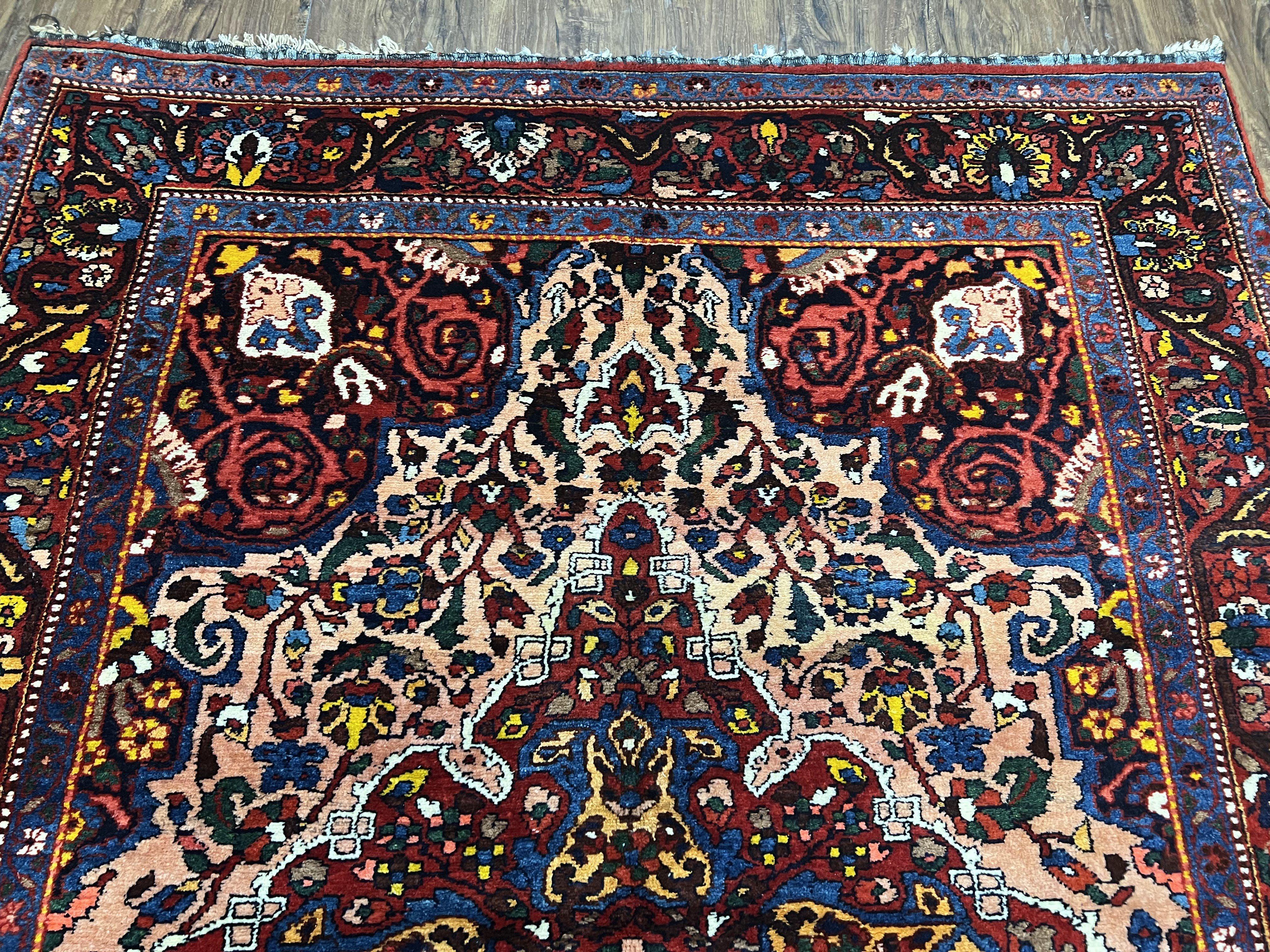 Antique Persian Bakhtiari Rug 5x6 ft, Village Rug, Vegetable Dyed, Red Midnight Blue Gold Tan, Hand Knotted Wool Carpet, Floral Medallion - Jewel Rugs