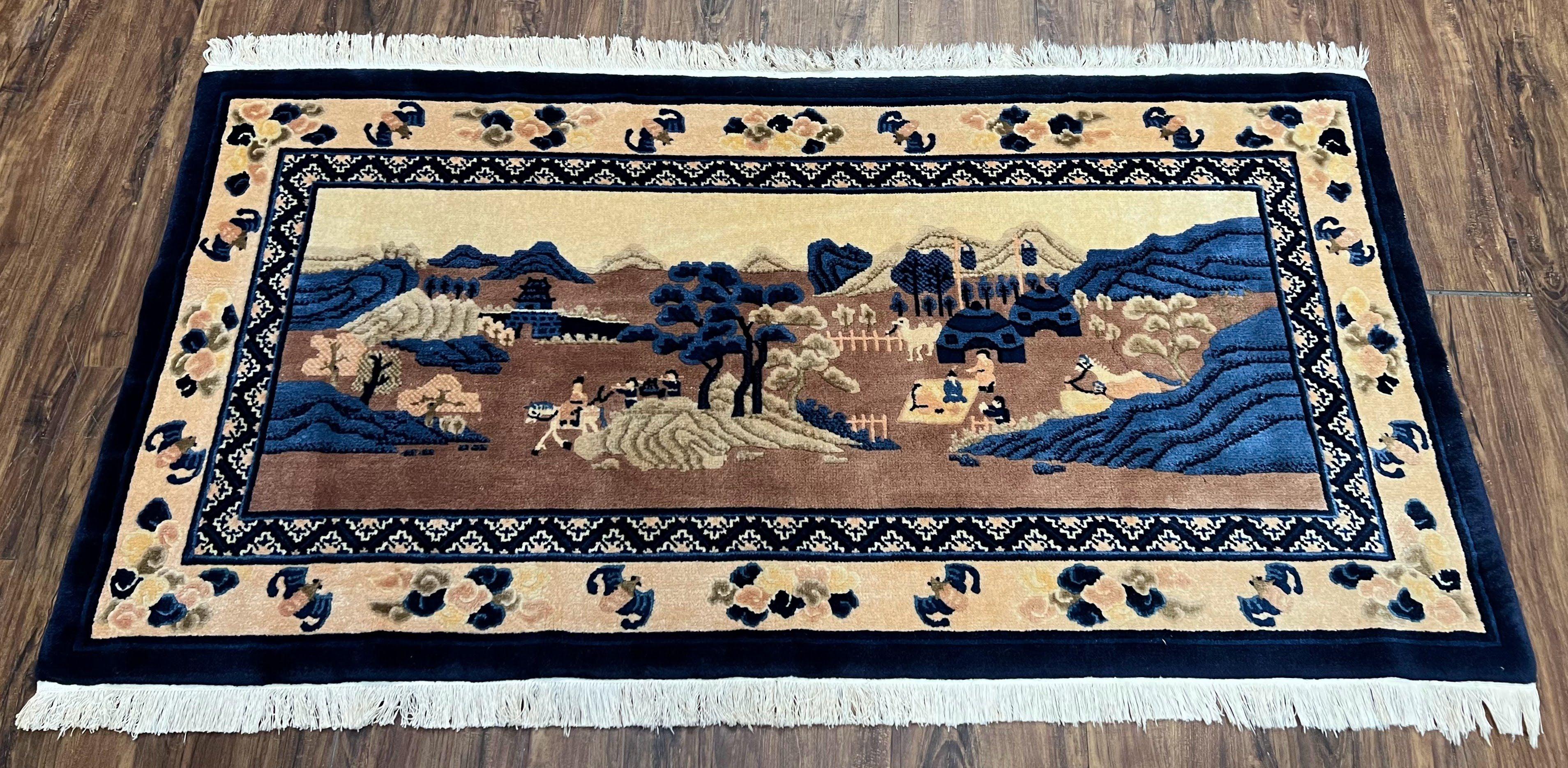 Antique Chinese Pictorial Rug 2.7 x 5, Chinese Village and Hills Carpet, Beige and Dark Blue, Handmade, Horizontal Rug Wall Hanging Tapestry - Jewel Rugs