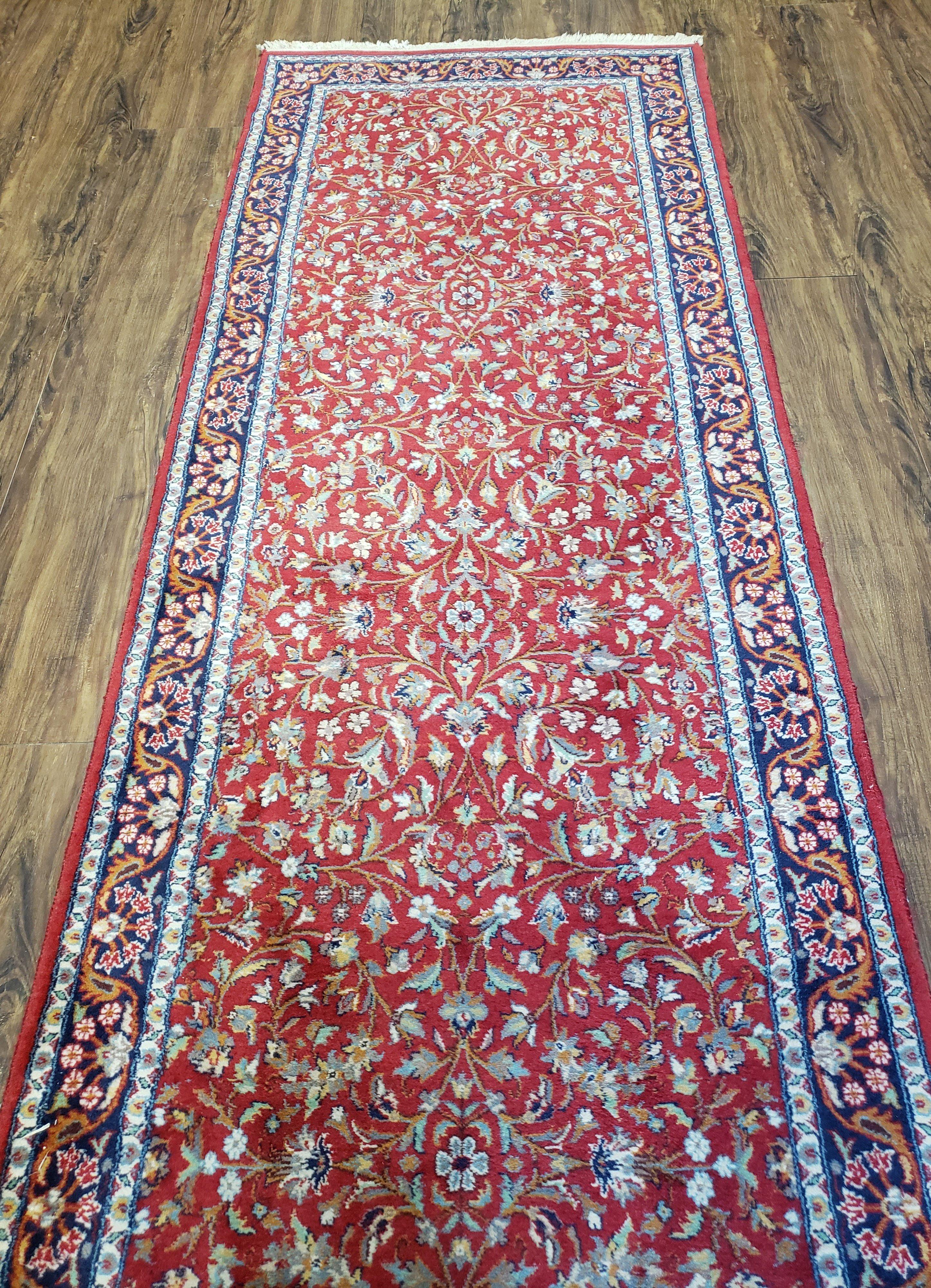 Antique Persian Sarouk Vintage Runner Rug, 2' 7" x 10' 3", Red with Dark Blue Floral Design - Jewel Rugs