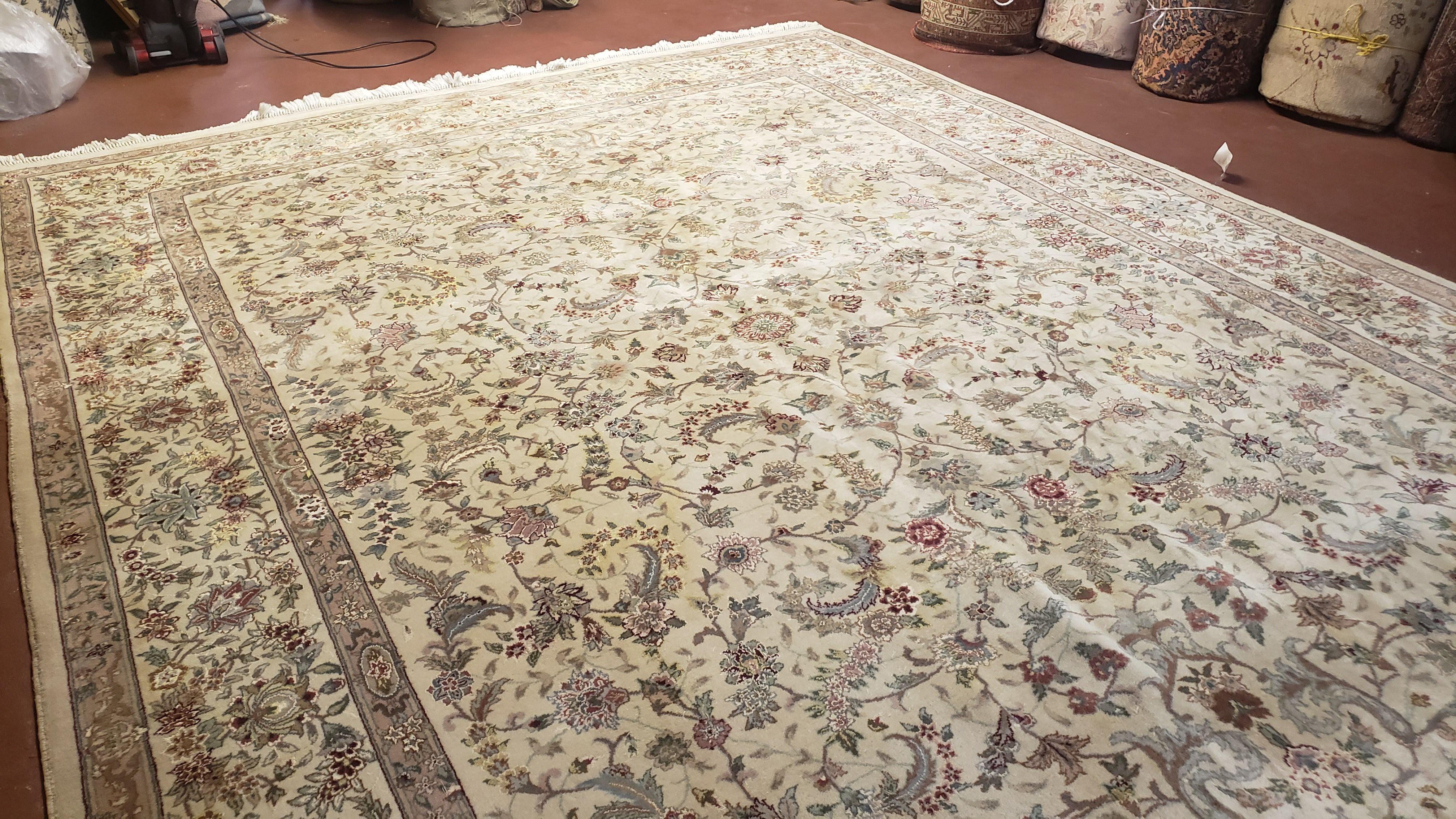 Vintage Oriental Carpet 9x12, Persian Design, Wool with Silk, Finely Hand Knotted, Beige & Teal, Allover Floral Traditional Pattern - Jewel Rugs