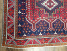 Antique Persian Shiraz Tribal Rug, Afshar Design, Double Medallion, Hand-Knotted, Red and Navy Blue, Wool, 5' 1" x 6' 8" - Jewel Rugs