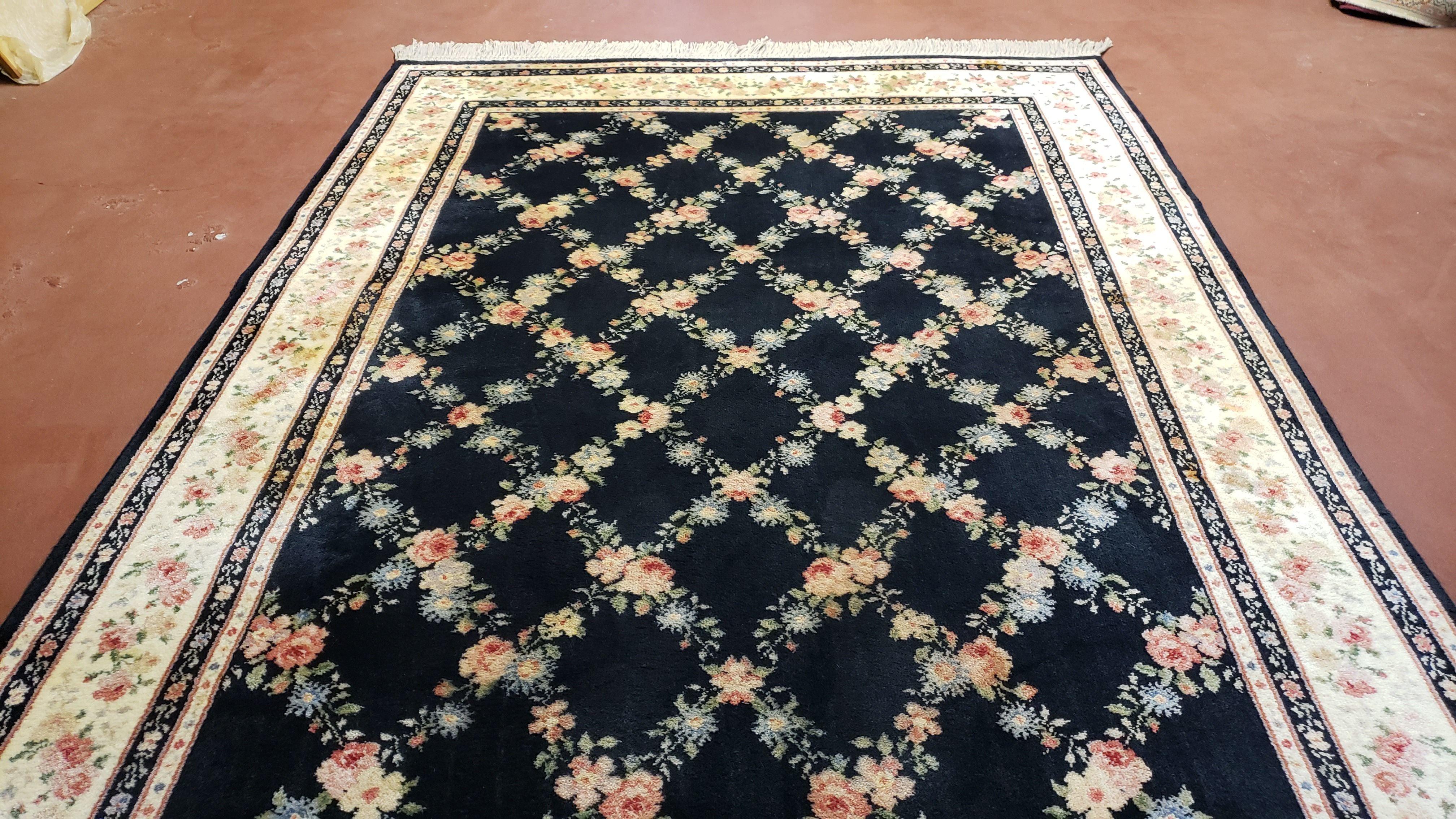 6x9 Karastan Rug, Garden of Eden Collection, 5.9 x 9 Karastan Carpet, Ebony Trellis Pattern 509/1270, Black Wool USA Vintage Area Rug - Jewel Rugs