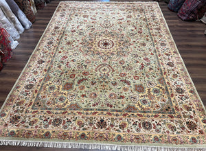 Large Oriental Rug 10x14, Persian Design Carpet 10 x 14, Vintage Hand-Tufted Wool Rug, Floral Medallion, Pastel Green Ivory Light Yellow - Jewel Rugs