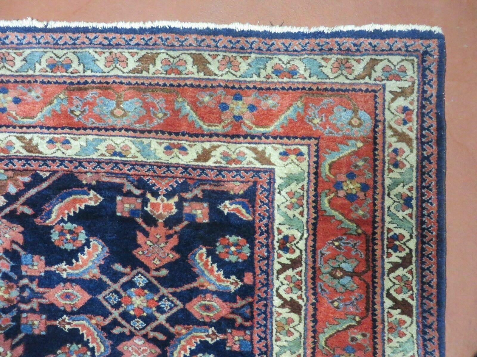 Antique Persian Lilihan Rug 5x7, Wool Hand Knotted Oriental Carpet 5 x 7 ft, Herati Pattern Navy Blue & Red-Orange Medium Sized Handmade Vintage Rug - Jewel Rugs