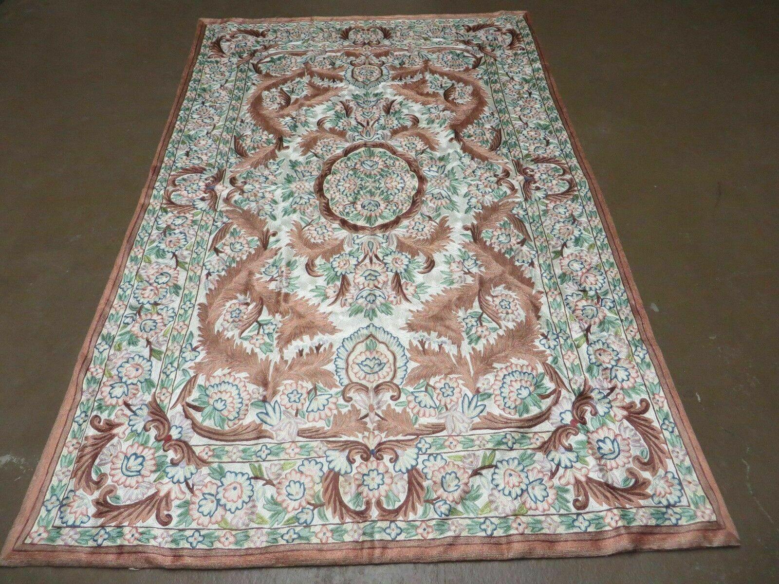 4' X 6' Vintage Embroidery Hand Stitched Rug Silk On Cotton India Backing Nice - Jewel Rugs