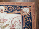 Chinese Aubusson Savonnerie Area Rug 6x8, Vintage Hand-Woven Needlepoint Rug, Flat Weave Handmade Wool Carpet Living Room Ivory & Navy Blue - Jewel Rugs