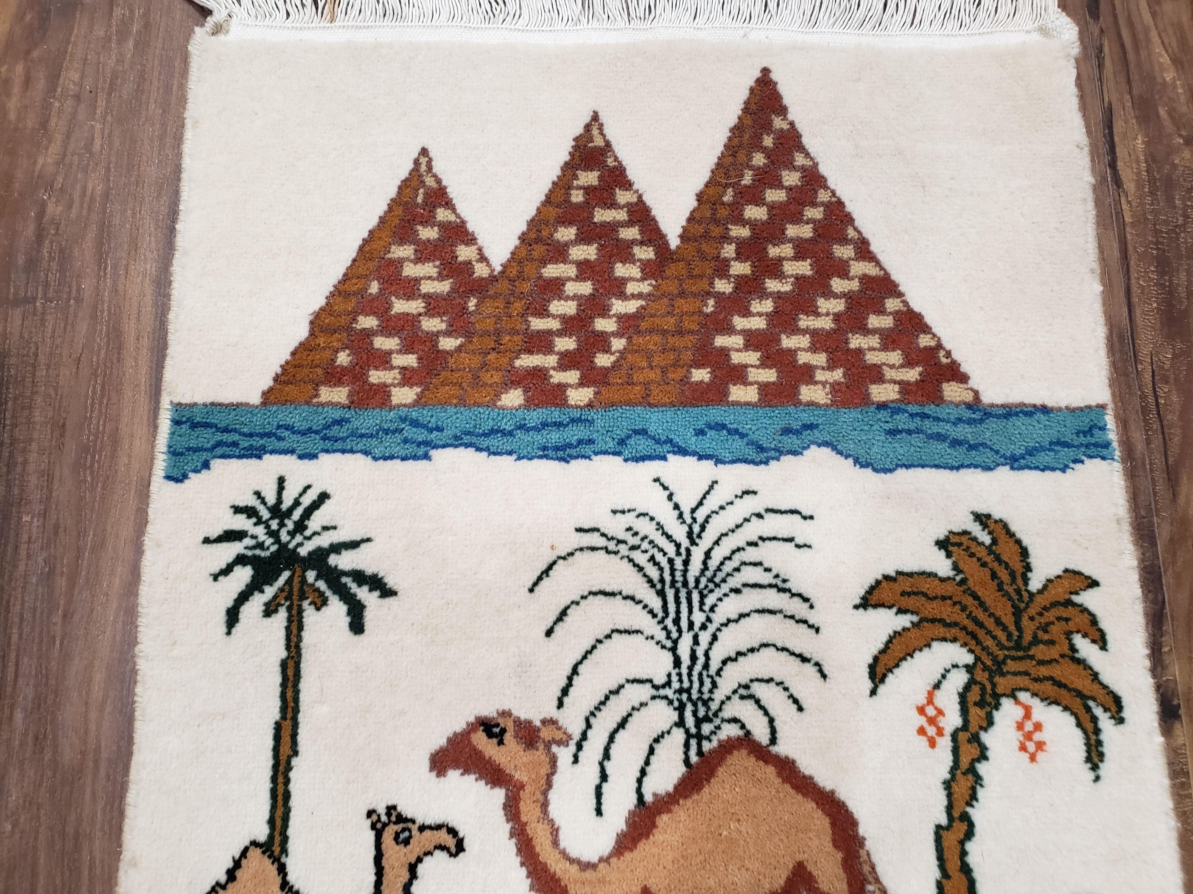 Small Vintage Egyptian Accent Rug, Pyramids Camels Nile River, Egypt Pictorial Rug Tapestry, Palm Trees, Beige, Hand-Knotted, Wool, 1.5x1.8 - Jewel Rugs