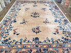 Antique Chinese Peking Area Rug 9x12, Beige & Blue, Hand-Knotted, Peacocks, Chinese Art Deco Carpet, Early 20th Century Rug, Light Colors - Jewel Rugs