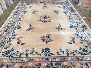 Antique Chinese Peking Area Rug 9x12, Beige & Blue, Hand-Knotted, Peacocks, Chinese Art Deco Carpet, Early 20th Century Rug, Light Colors - Jewel Rugs