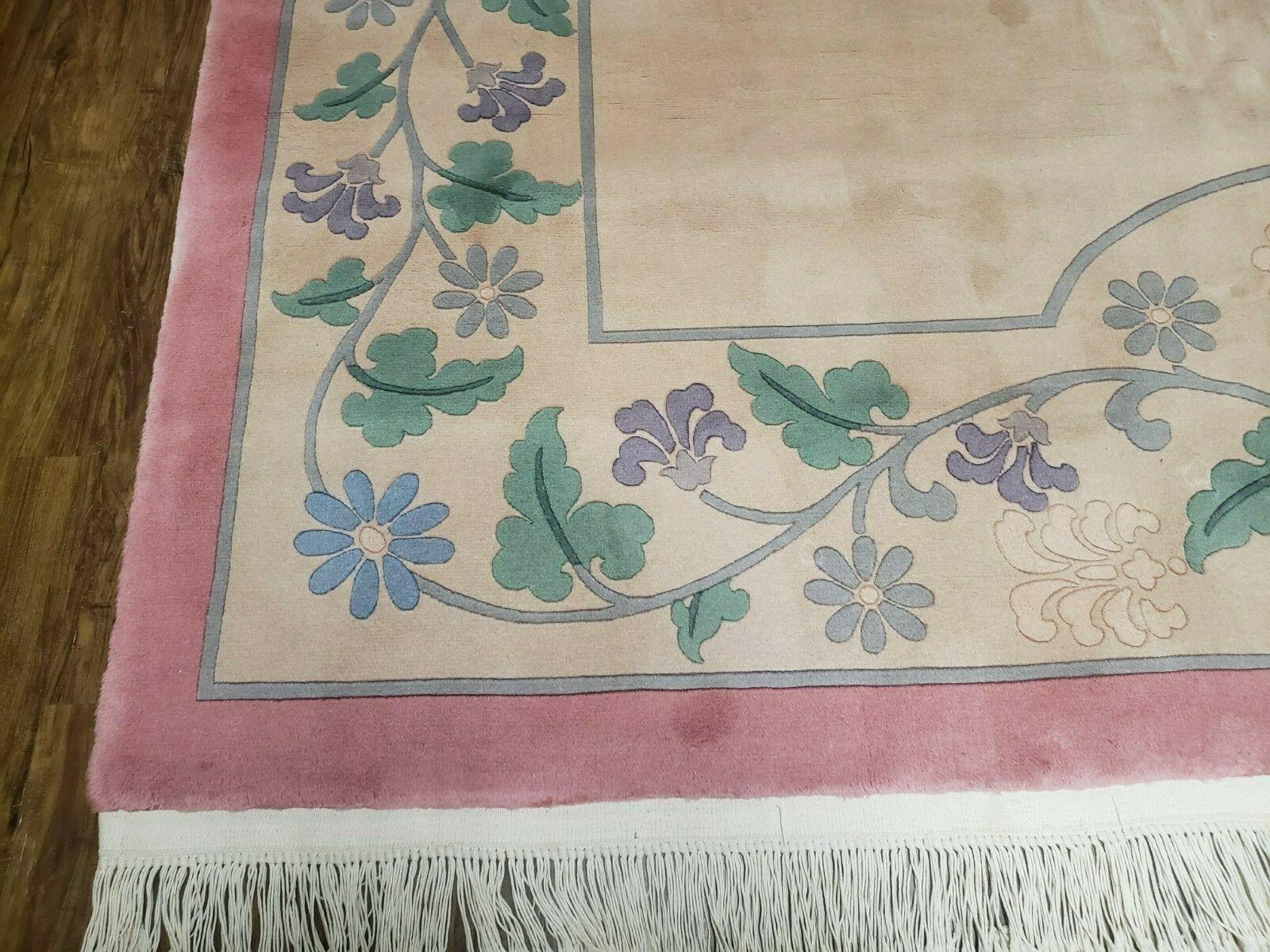 8' X 10' Vintage Handmade Chinese Art Deco 120 Lines Wool Rug Flowers Beige Wow - Jewel Rugs