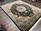 Stunning Sino Persian Rug 8x10, Elegant High Quality Handmade Wool Vintage Oriental Carpet, Medallion with Corner Design, Floral, Black Tan - Jewel Rugs