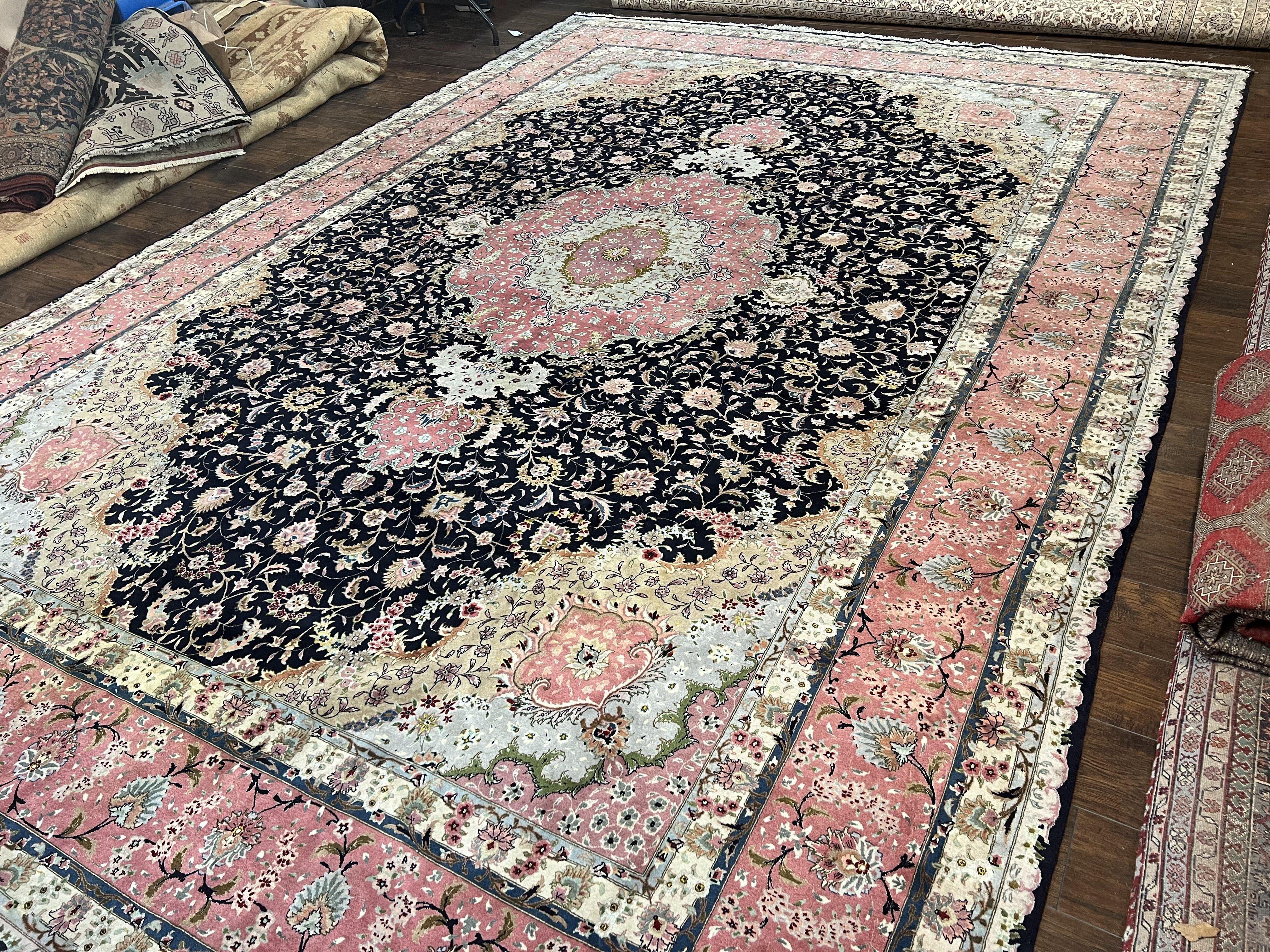 Magnificent Persian Tabriz Rug 11x16, Oversized Persian Carpet 11 x 16 ft, Wool on Silk Finely Hand Knotted, 450 KPSI, Floral Medallion, Black Pink - Jewel Rugs