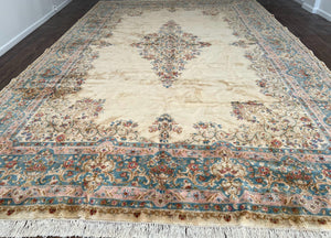 Oversized Persian Rug 11x18, Kirman Open Field Medallion 11 x 18, Palace Sized Hand Knotted Handmade Wool Oriental Carpet, Cream Light Blue - Jewel Rugs