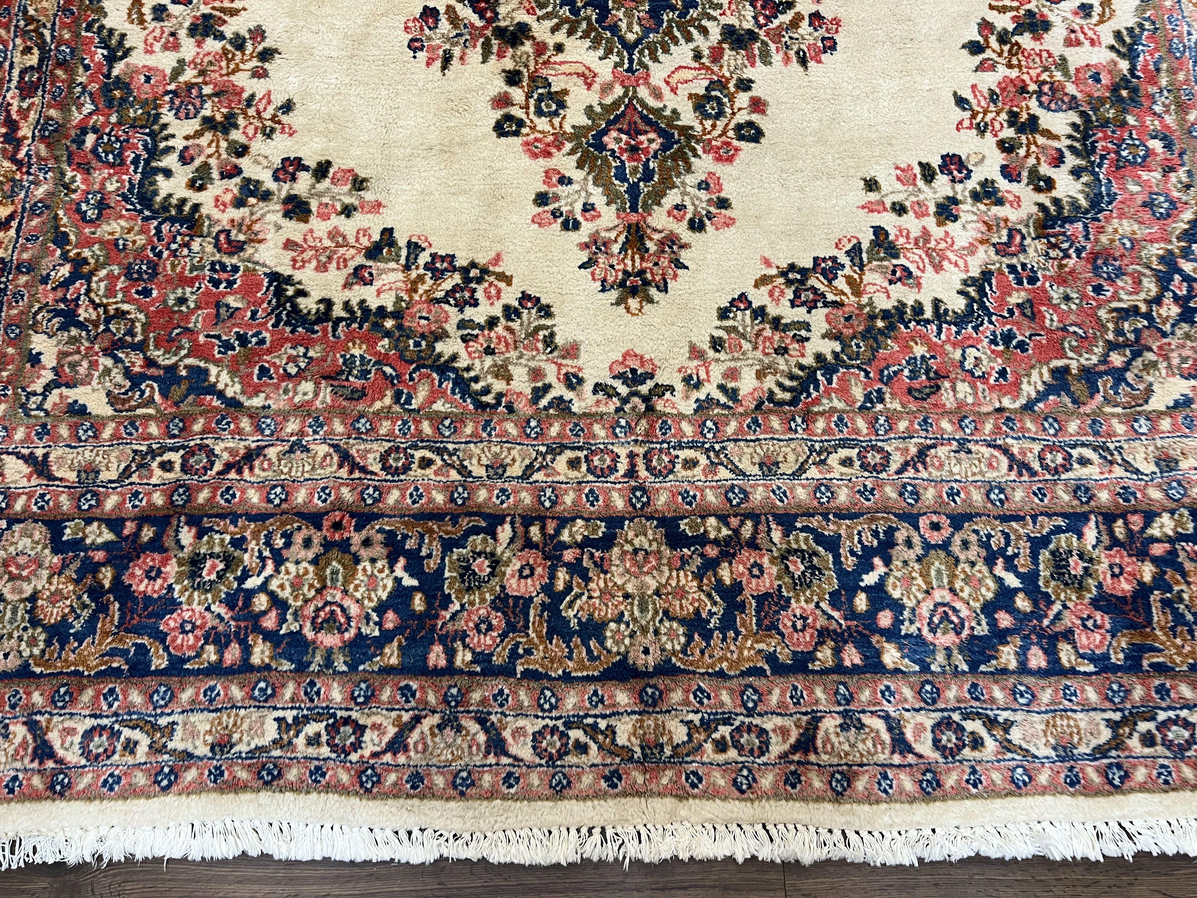 Persian Rug 9x10, Hamadan Rug, Antique Oriental Carpet, Wool Rug, Semi Open Field, Cream and Navy Blue, Kirman Design Hand Knotted Almost Square Rug - Jewel Rugs