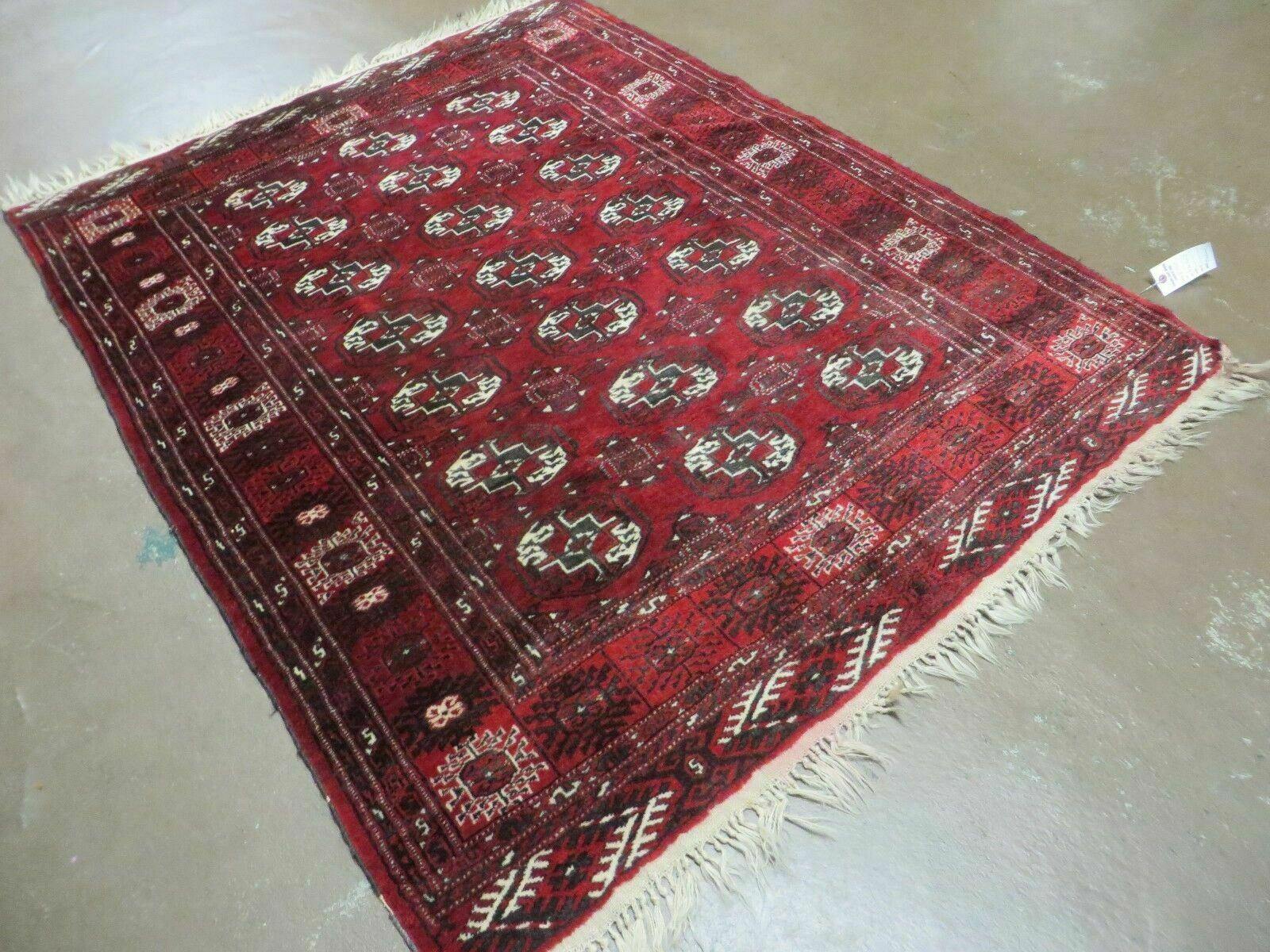 4' 5" X 5' 7" Semi Antique Handmade Afghan Yamud Turkoman Bokhara Wool Rug - Jewel Rugs