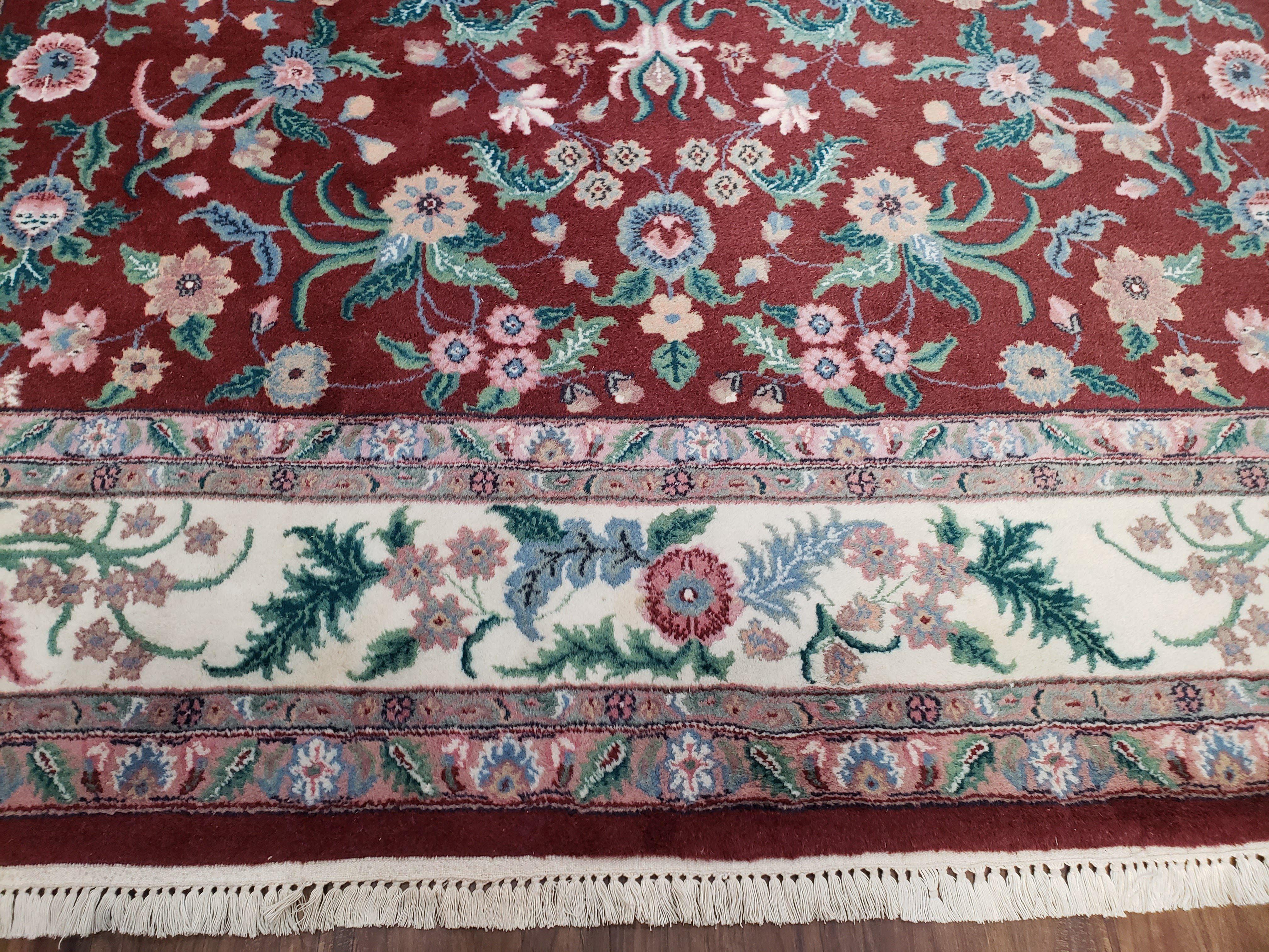 Indo Persian Rug 7.9 x 9.9 ft, Room Sized Indian Carpet, Wool Handmade Vintage Rug, Allover Floral Rug, Traditional Rug, Red Ivory Blue 8x10 - Jewel Rugs