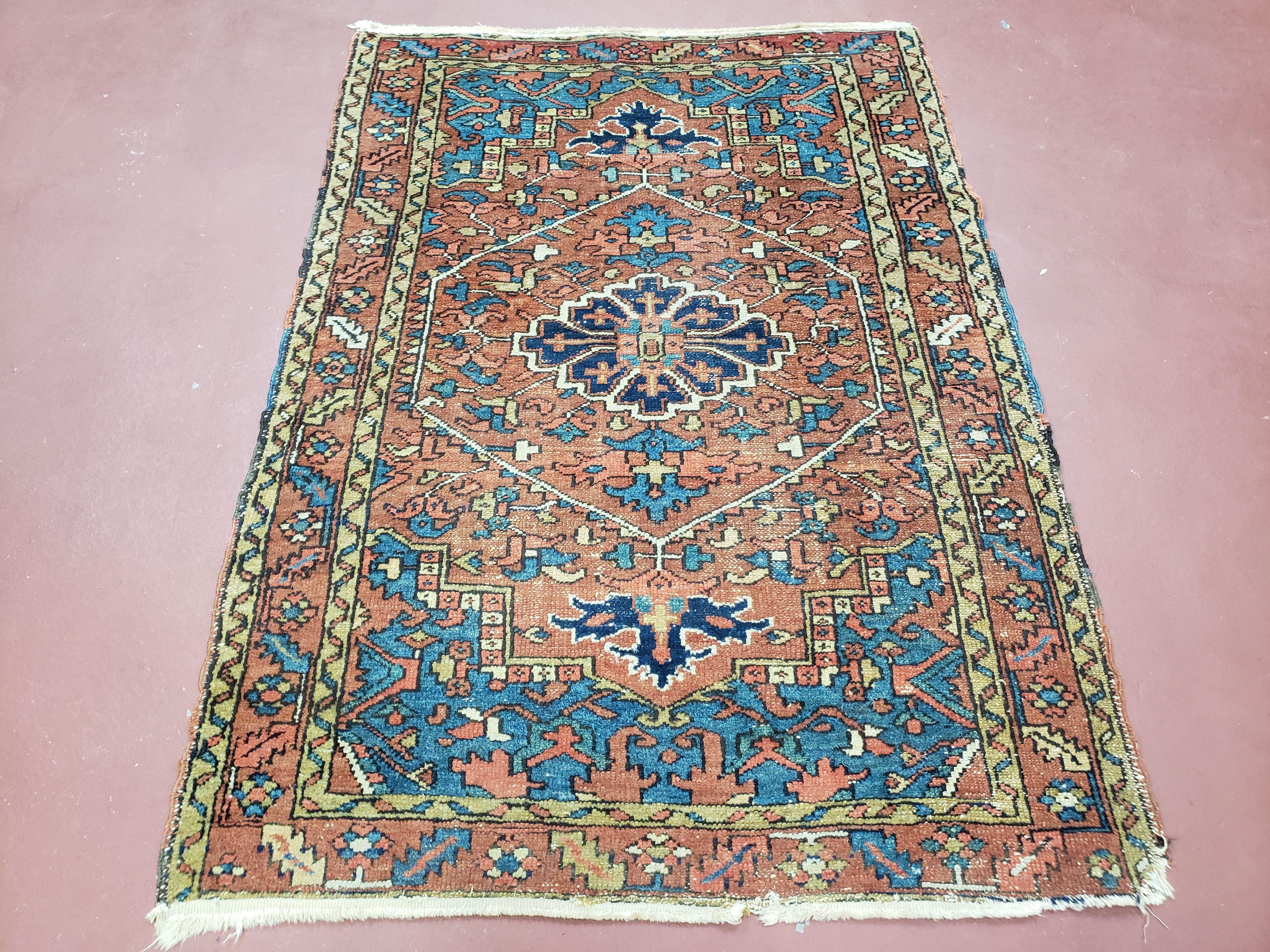 Antique Persian Karajeh Heriz Rug, Red & Blue, Hand-Knotted, Wool, 3' 1" x 4' 3" - Jewel Rugs