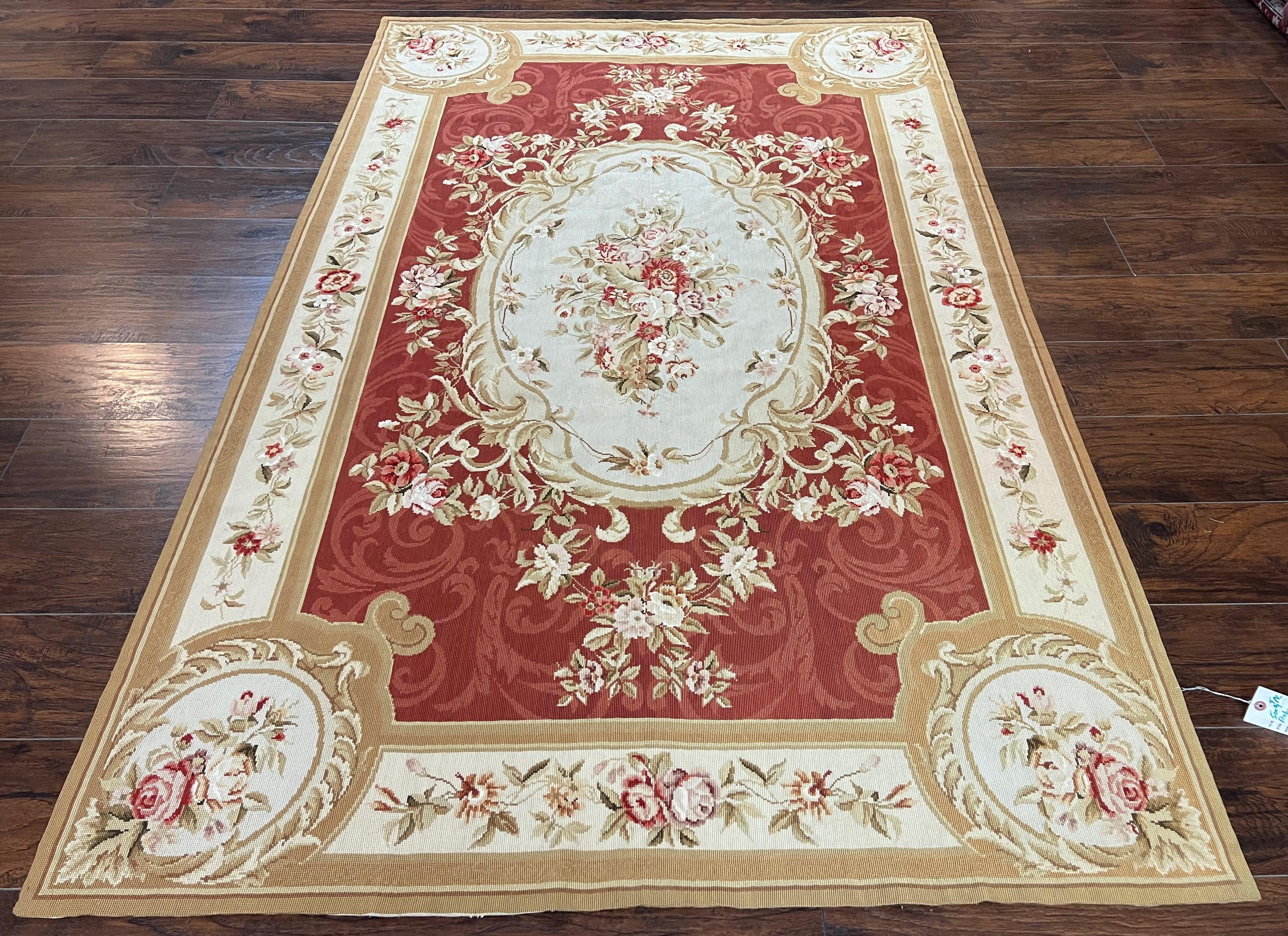 Aubusson Needlepoint Rug 5x8, Red Ivory Tan, Vintage Needlepoint Carpet 5 x 8 ft, Handmade Hand woven Wool, French European, Medium Size Rug - Jewel Rugs