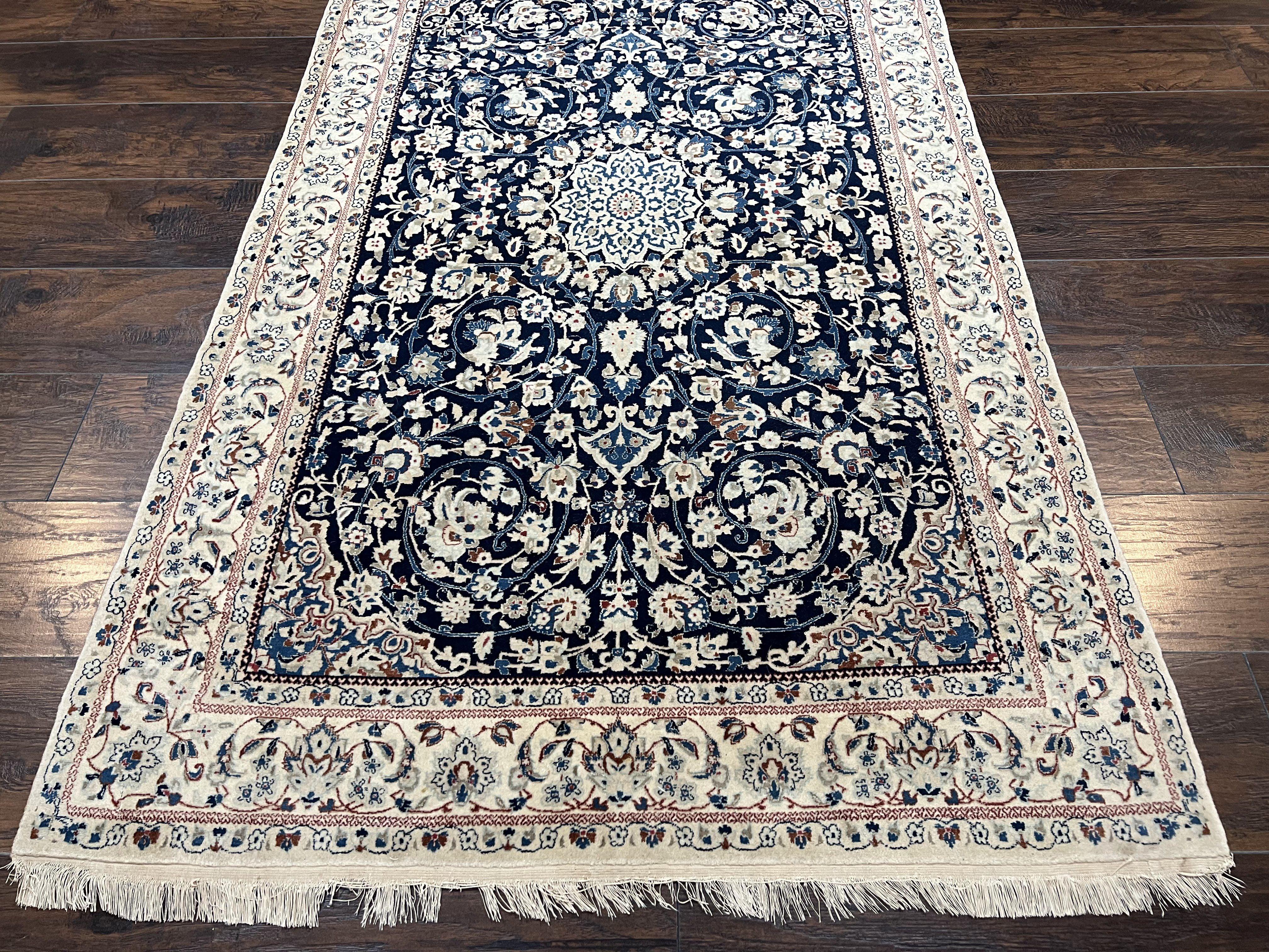 Very Fine Persian Nain Rug 3.7 x 6, Floral Medallion, Wool and Silk Accents, Highly Detailed, Hand Knotted Oriental Carpet, Navy Blue Ivory/Cream - Jewel Rugs