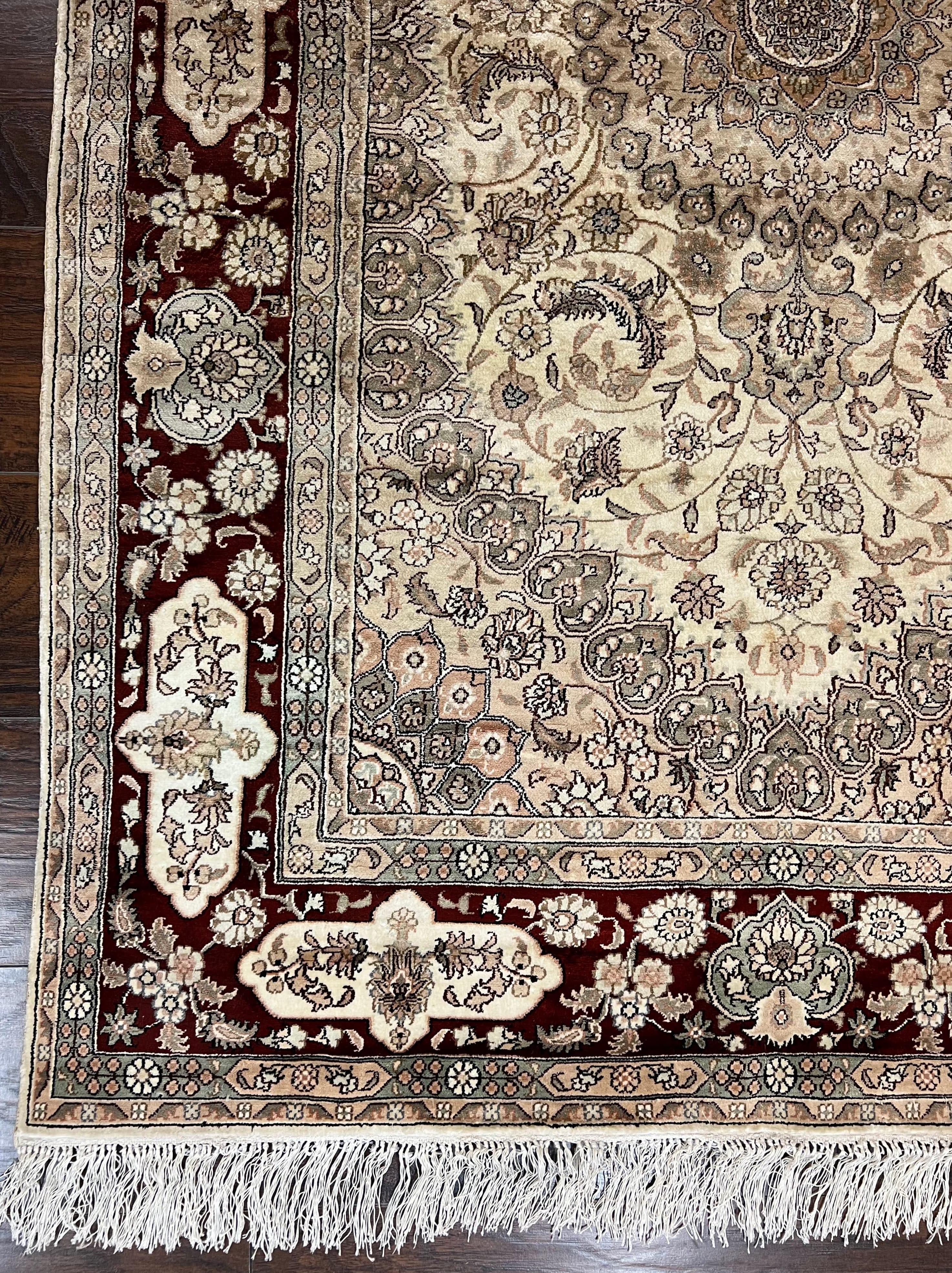 Silk Indian Kashmiri Rug 4x6 ft, Floral Medallion Hand Knotted Handmade Oriental Carpet, Vintage, Cream Burgundy, Very Fine Silk Rug 4 x 6 - Jewel Rugs