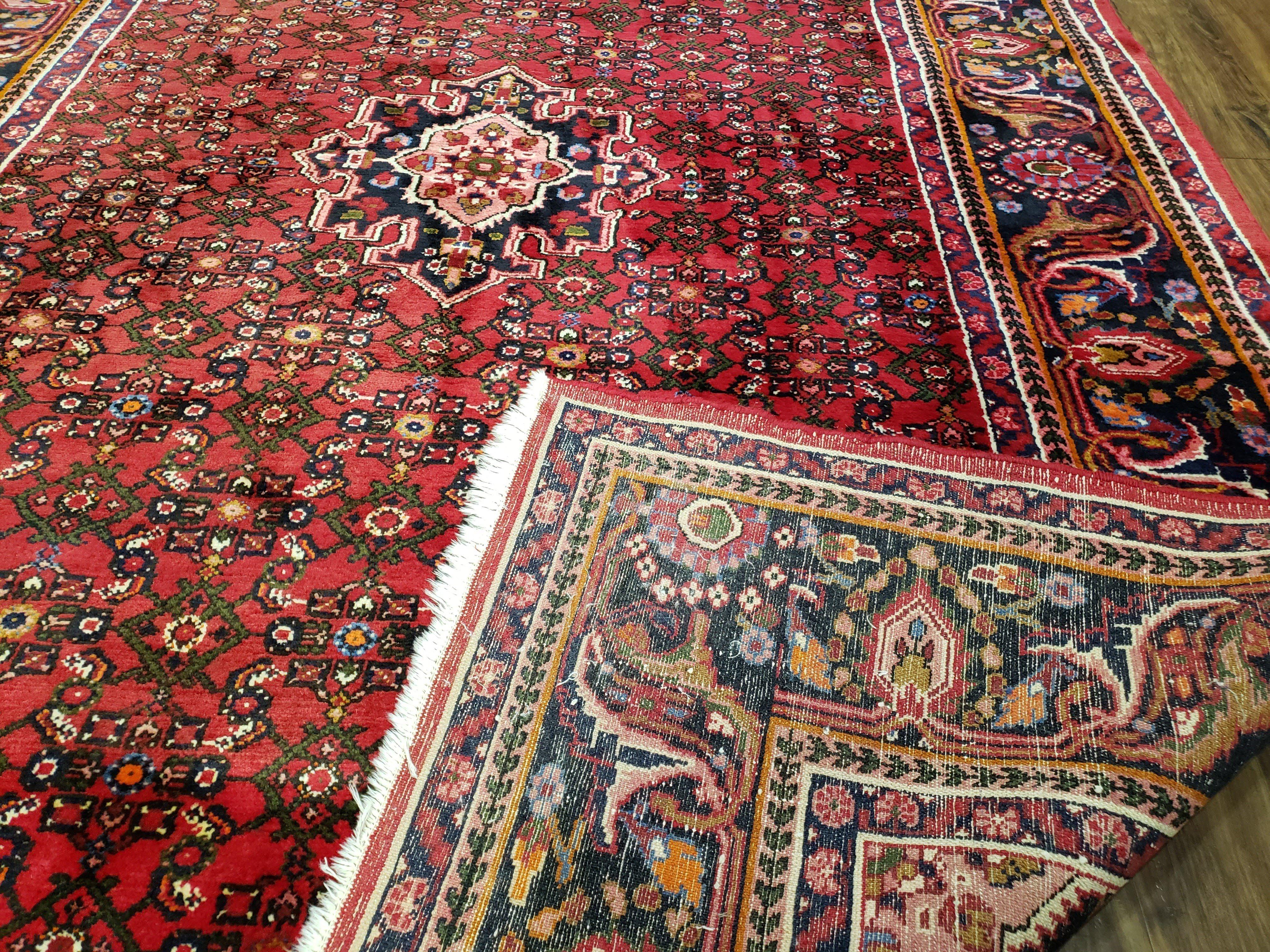 Vintage Persian Hamedan Dargazin Rug, Red, Hand-Knotted, Wool, 7' x 10' 2" - Jewel Rugs