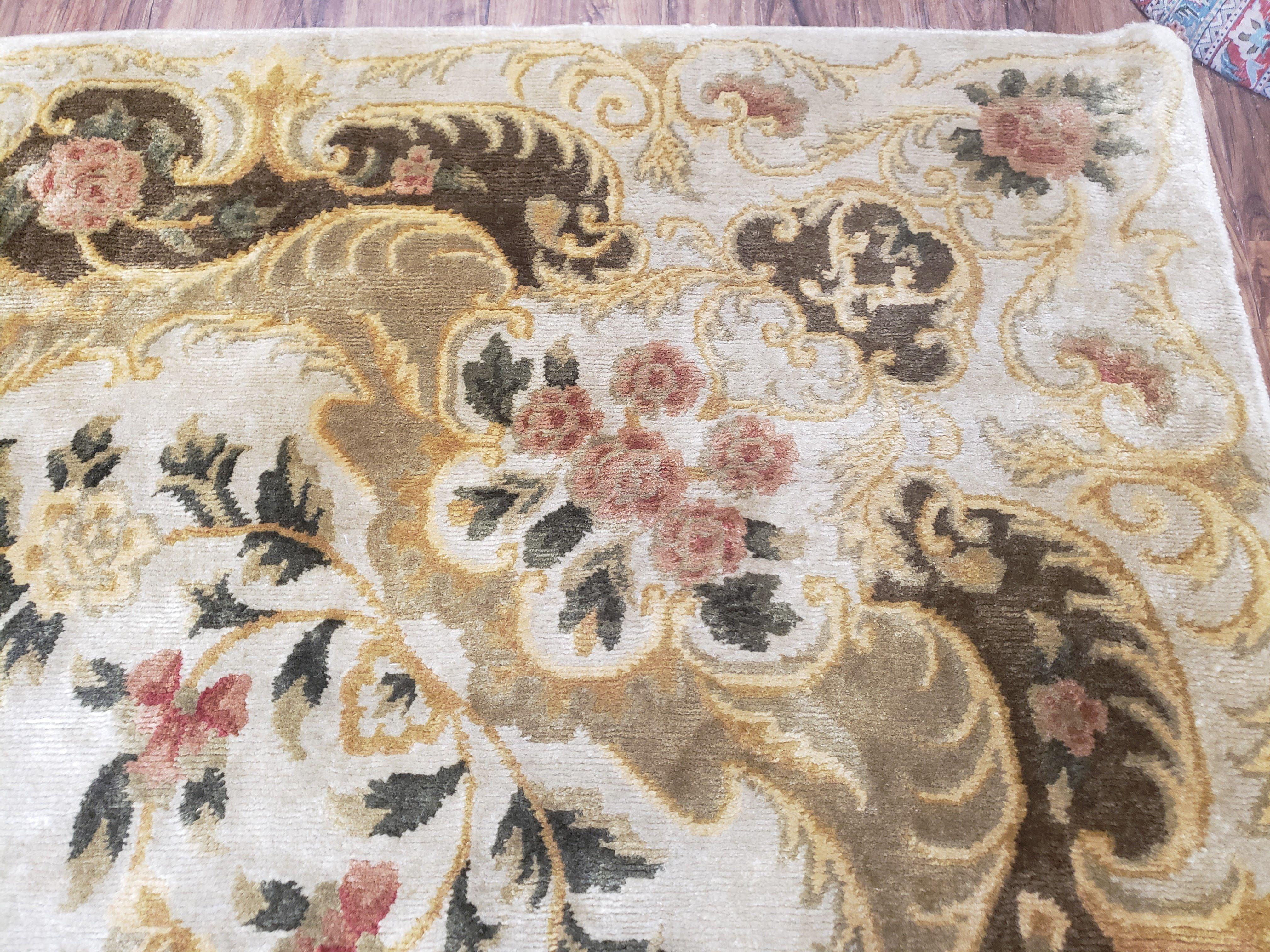 Aubusson Rug 10x14, Elegant French European Design, Vintage Handmade Carpet with Pile, Beige Floral Dining Room Rug, Living Room, Soft Wool - Jewel Rugs