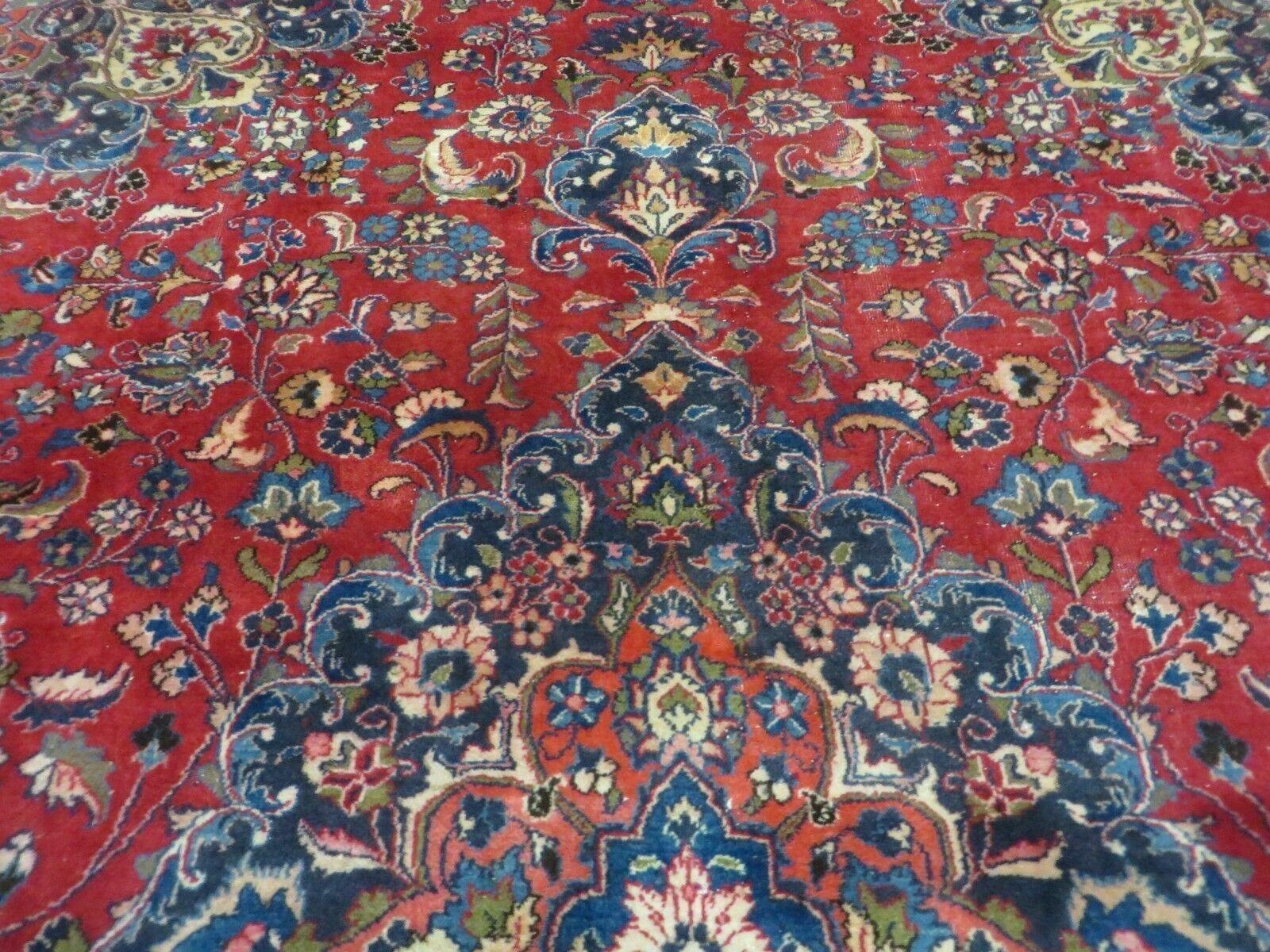 Signed Persian Mashad Rug 10x13 Oriental Carpet, Semi Antique Rug 10 x 13 Vintage Rug, Hand Knotted, Traditional, Red Blue Cream, Medallion Allover - Jewel Rugs