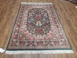 Vintage Floral Oriental Rug 4x6, Hand Knotted Pak Persian Kirman Carpet, Roses, Green Multicolor, Wool, Traditional Rug, Medium Size Rug - Jewel Rugs
