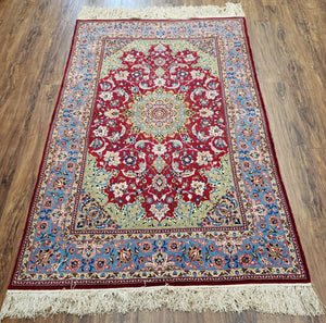 Semi Antique Persian Isfahan Rug, Kork Wool on Silk Foundation, Red & Blue, Top Quality, 3'6" x 5' 6" - Jewel Rugs