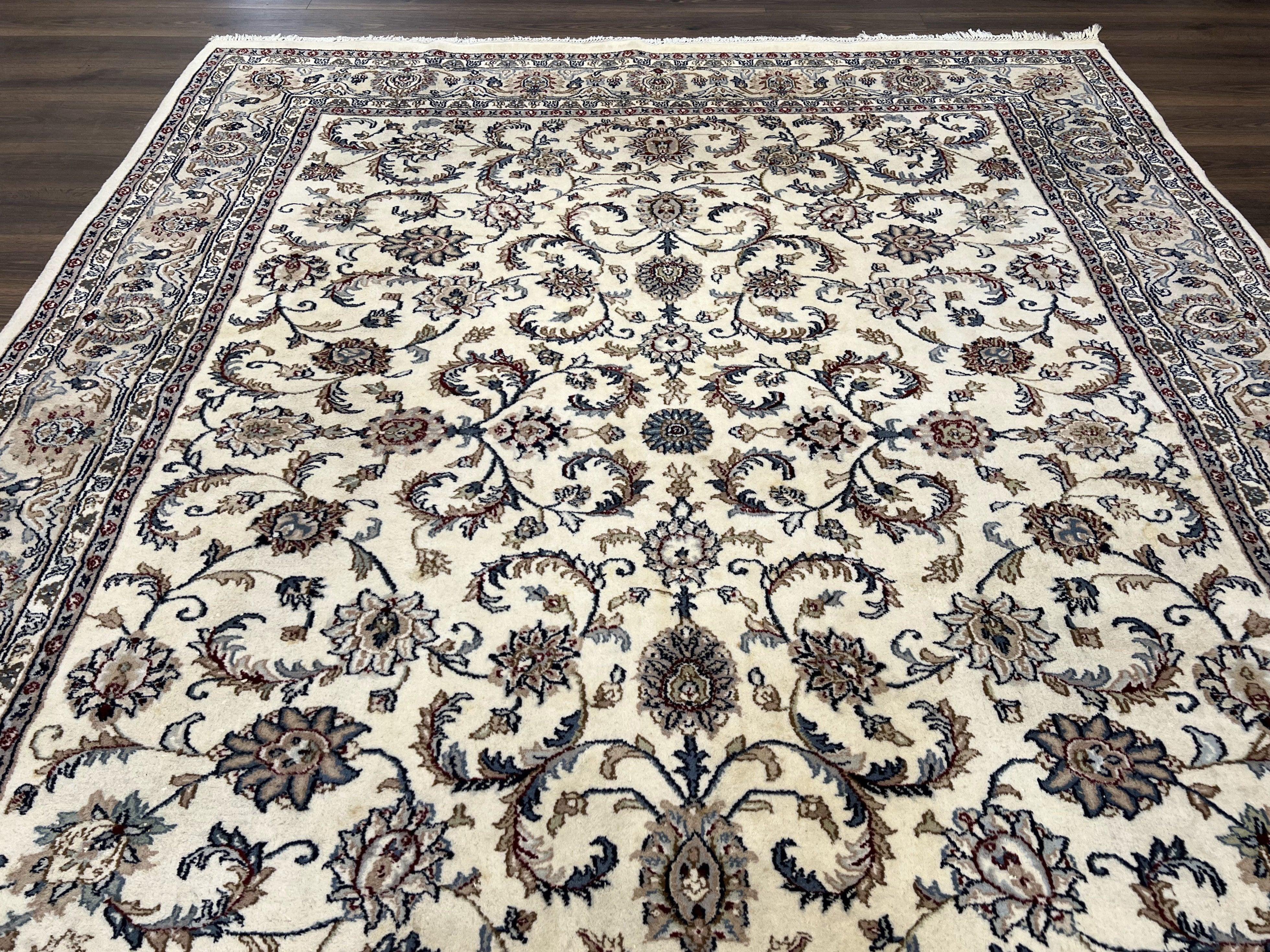 Indo Persian Area Rug 8x10, Wool Rug, Indian Oriental Carpet 8 x 10, Hand-Knotted Vintage Rug, Floral Allover, Ivory Light Gray Taupe Teal - Jewel Rugs