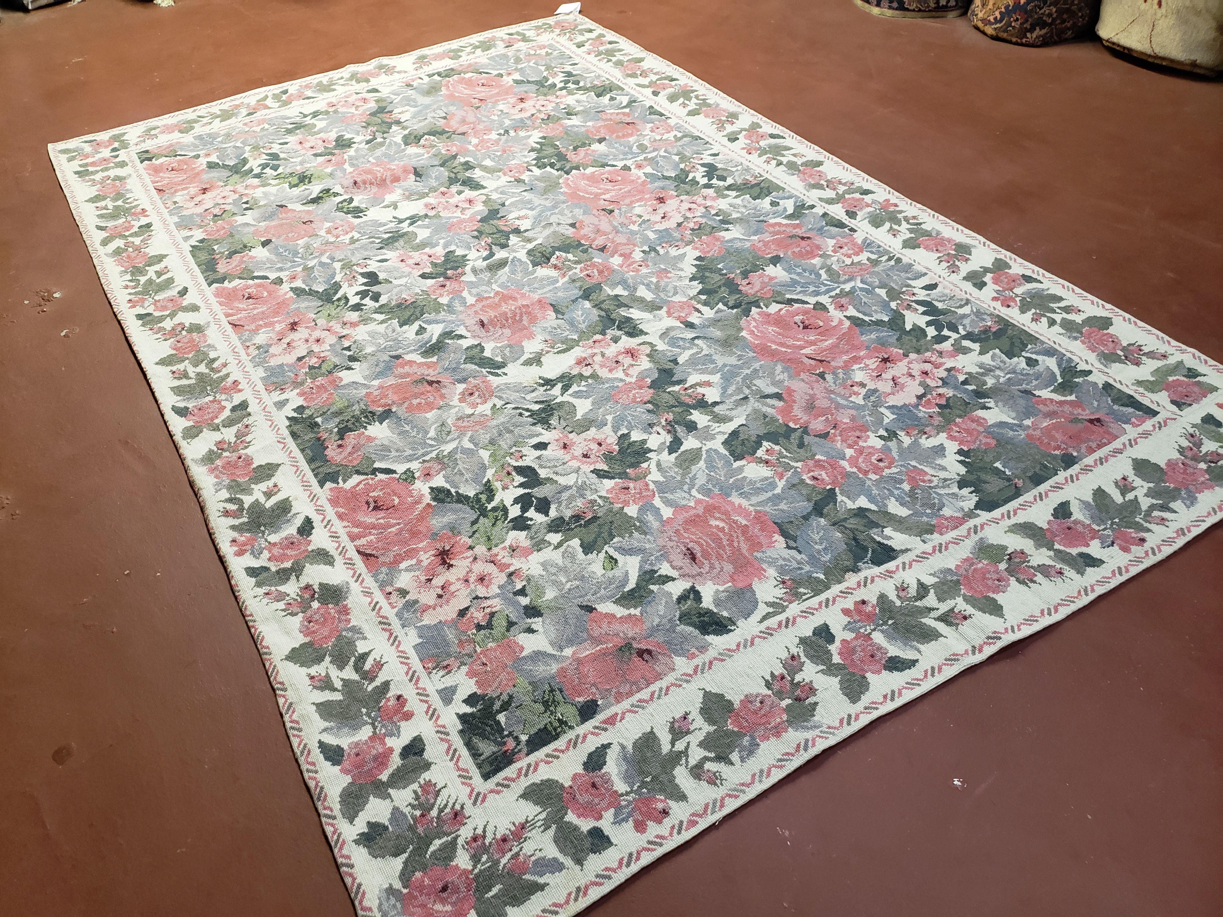 5x8 Needlepoint Rug 5' 4" x 8' 3" Wool Flat Weave Floral New Unused Carpet English Design Ivory Large Pink Flowers Green Leaves Hand-Knotted - Jewel Rugs