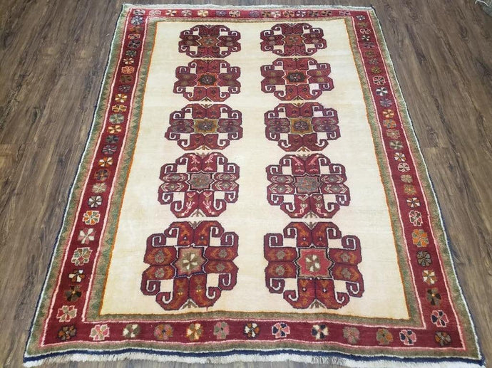 Vintage Persian Gabbeh Rug, Dark Red & Cream, Hand-Knotted, 5' x 6' 4