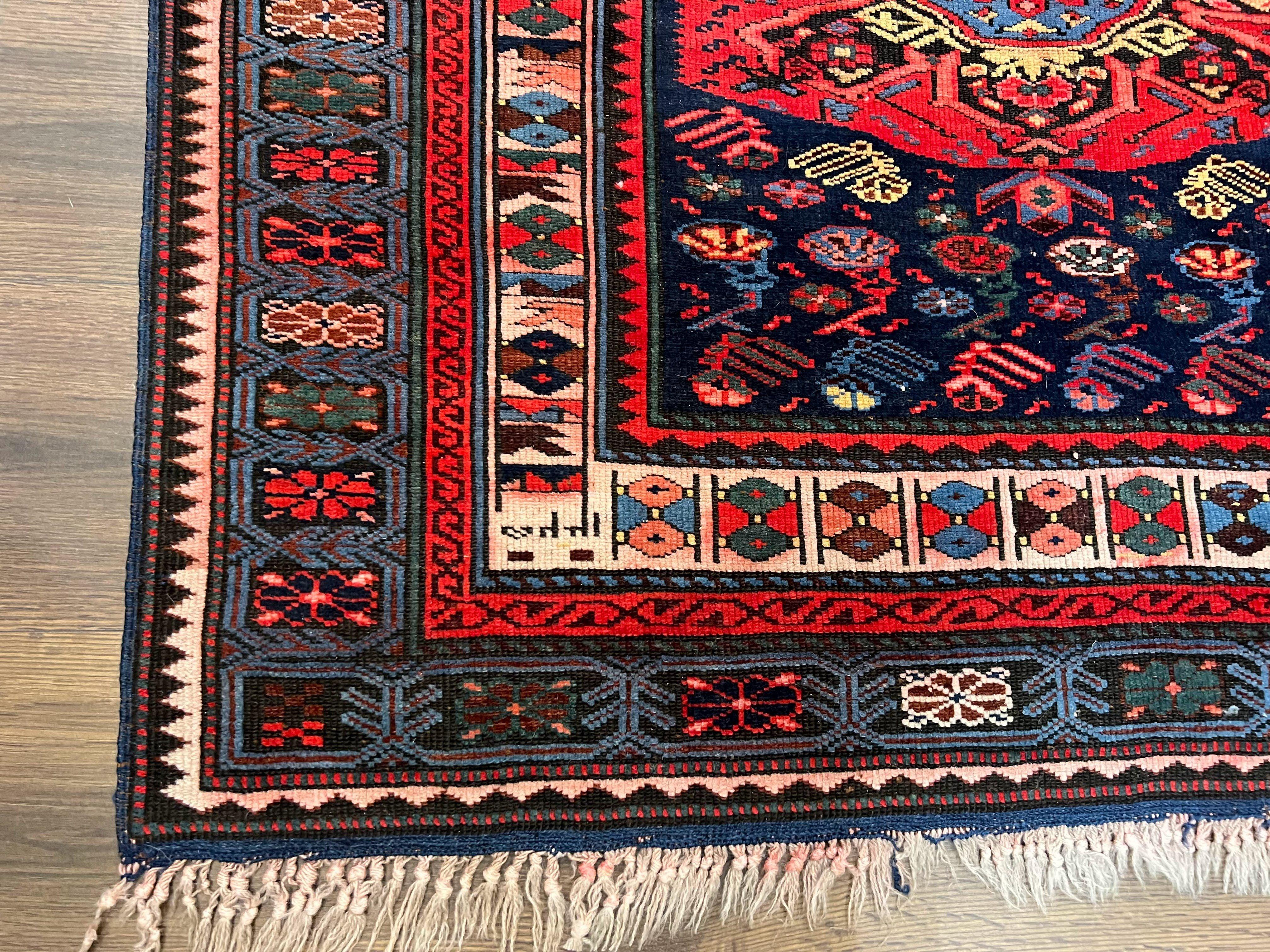 Antique Caucasian Seychour Rug 3.7 x 5.5, Collectible Oriental Carpet, Navy Blue and Red, Fine Kuba Rug, Vintage Rug, Wool Hand Knotted Rug - Jewel Rugs