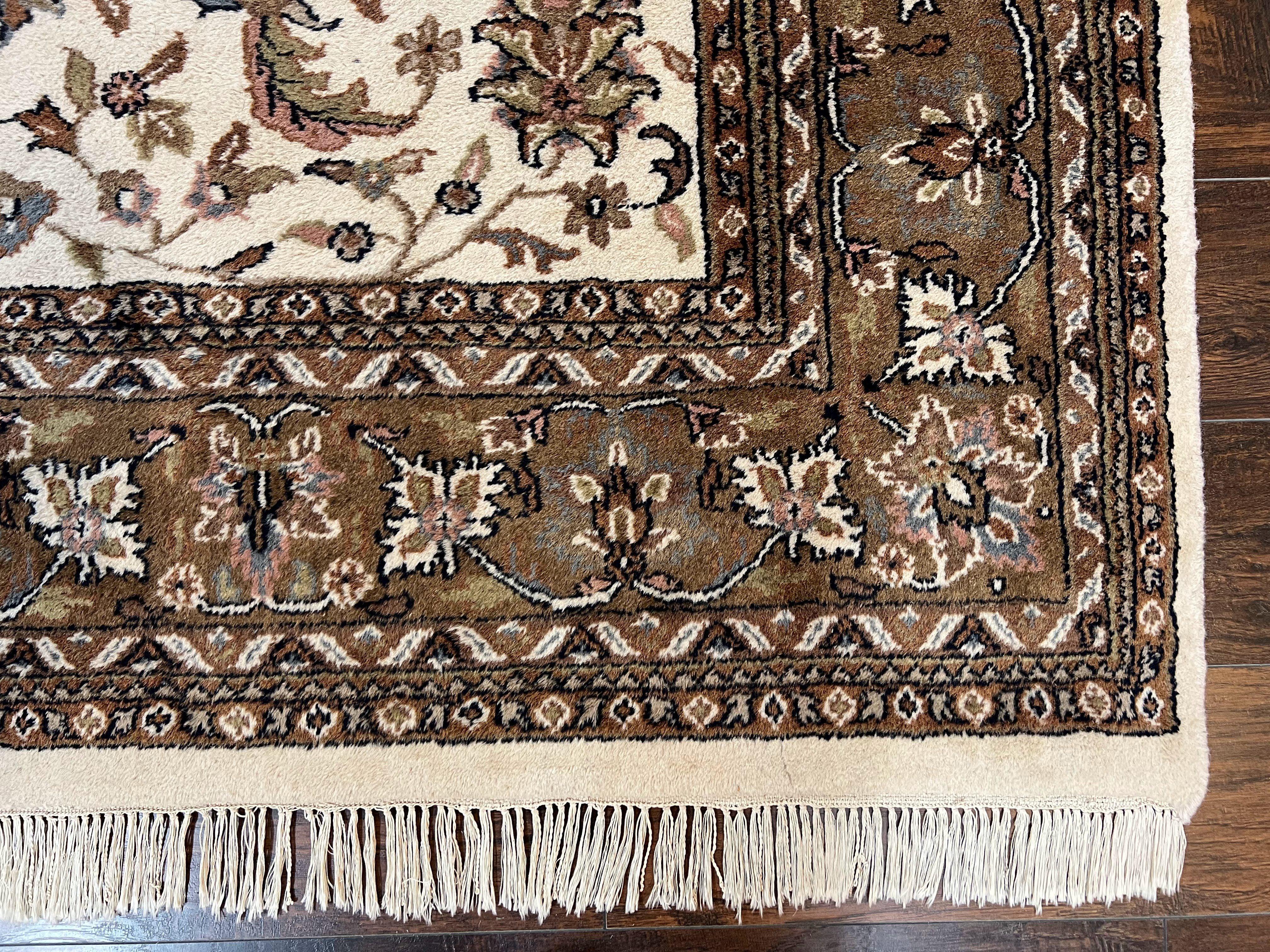 Indo Kirman Rug 8x12 Allover Floral Design, Ivory/Cream Brown, Vintage Handmade Hand Knotted Rug, Traditional Wool Persian Carpet 8 x 12 - Jewel Rugs
